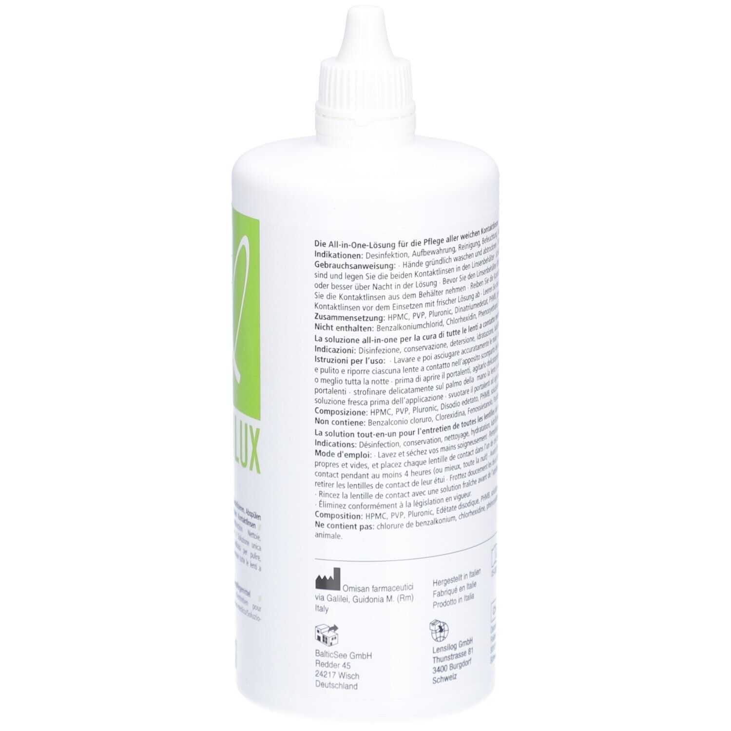 Flacon blanc avec bouchon à vis. Étiquette verte avec nom du produit et texte. Marquage CE.