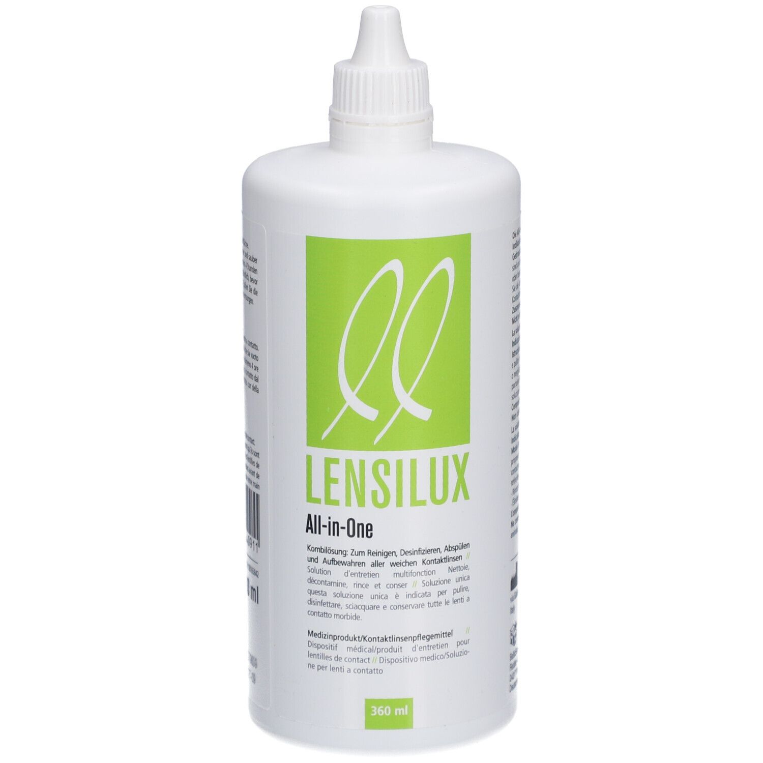 Flacon blanc avec bouchon à vis. Étiquette verte avec nom du produit LENSILUX All-in-One et texte. 360 ml.