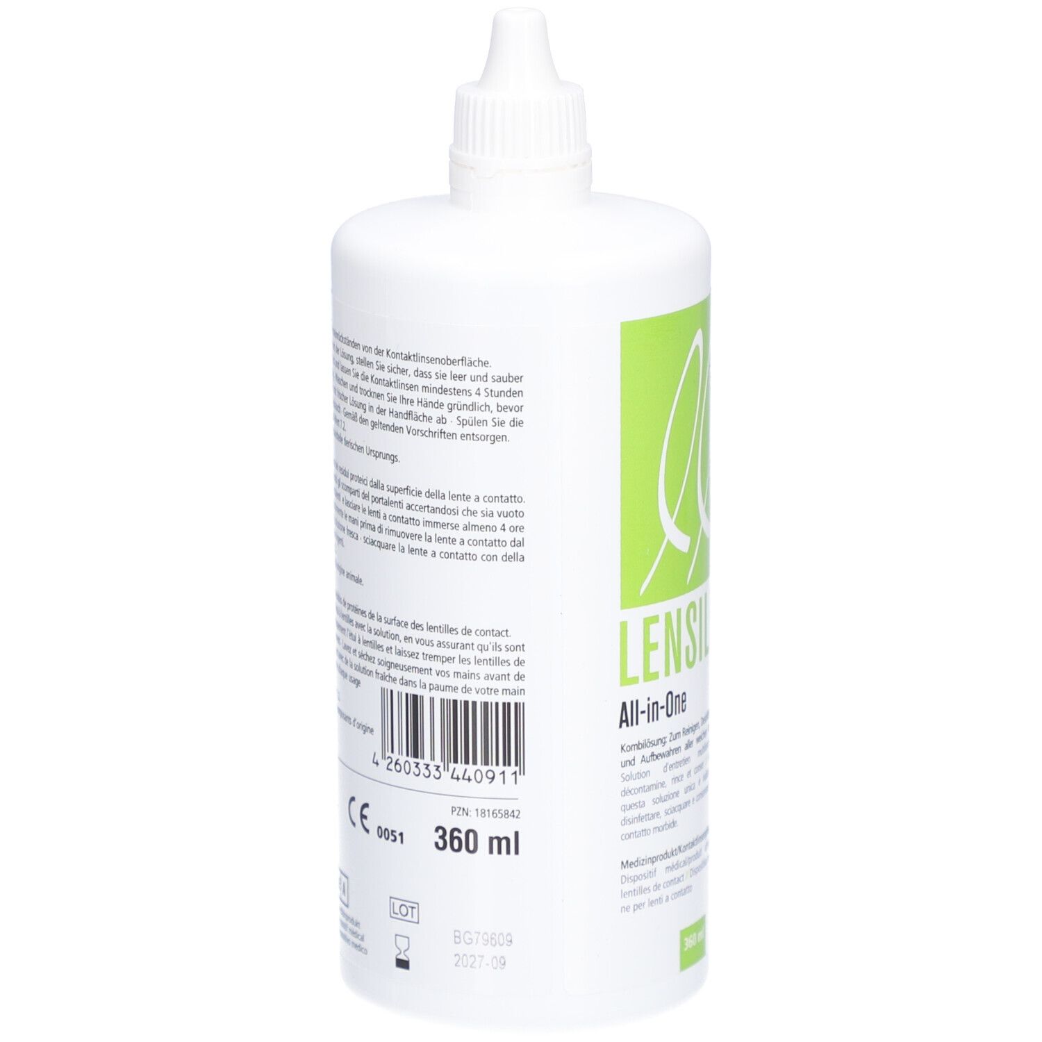 Flacon blanc avec bouchon à vis. Étiquette verte avec informations produit et marquage CE. 360 ml.