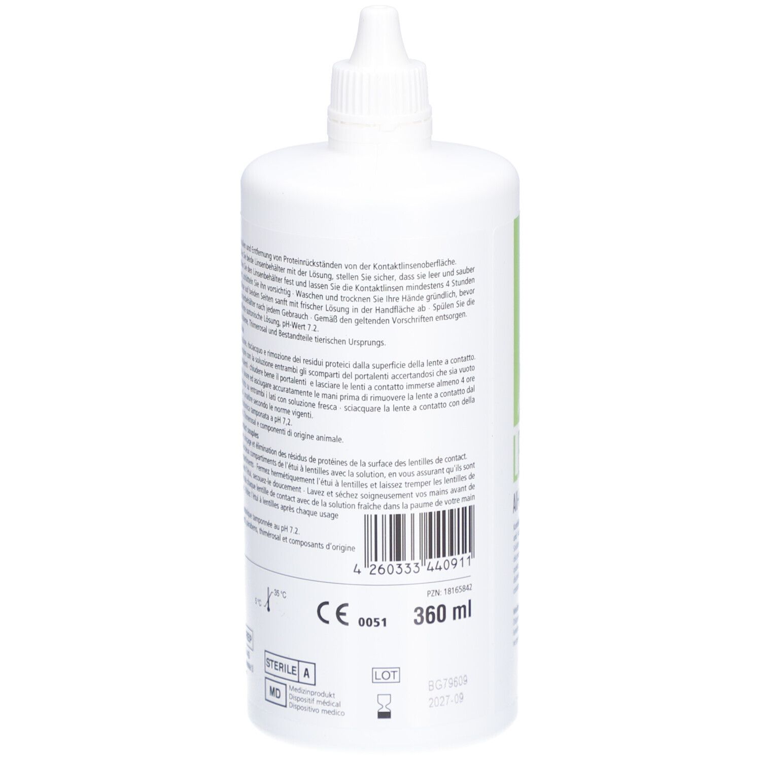 Flacon blanc avec bouchon à vis. Étiquette verte avec informations produit et marquage CE. 360 ml.