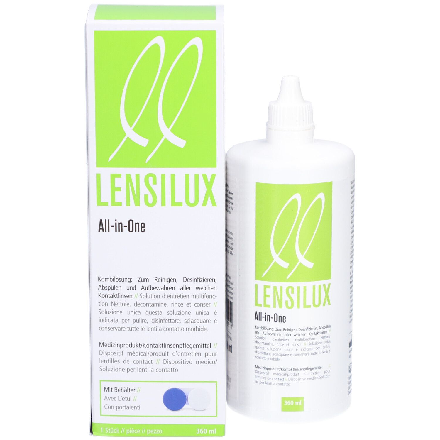 Produit LENSILUX All-in-One et emballage. Flacon blanc et emballage vert. 360 ml. Avec conteneur.