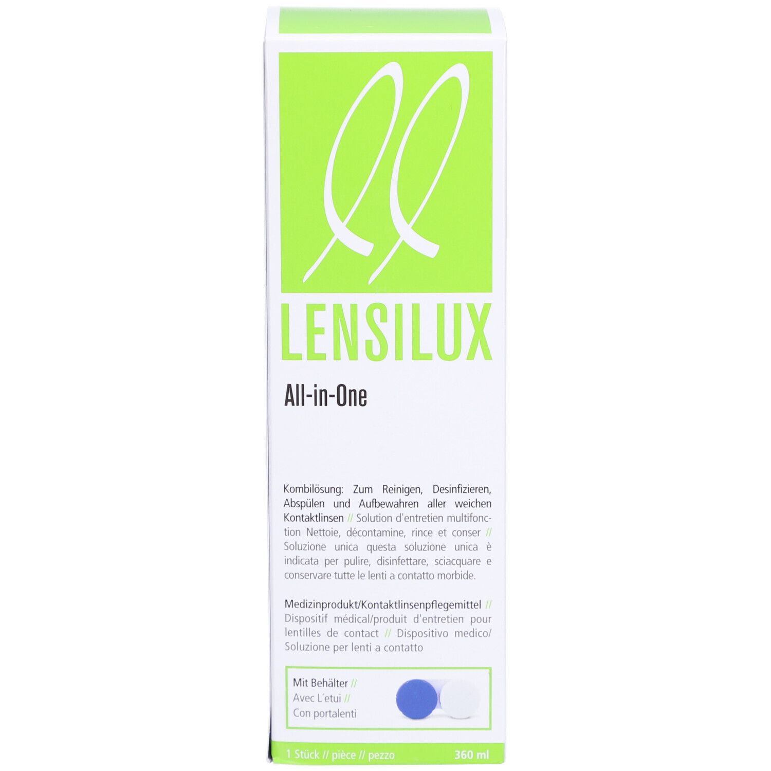 Emballage vert avec nom du produit LENSILUX All-in-One. Avec conteneur. 180 ml.
