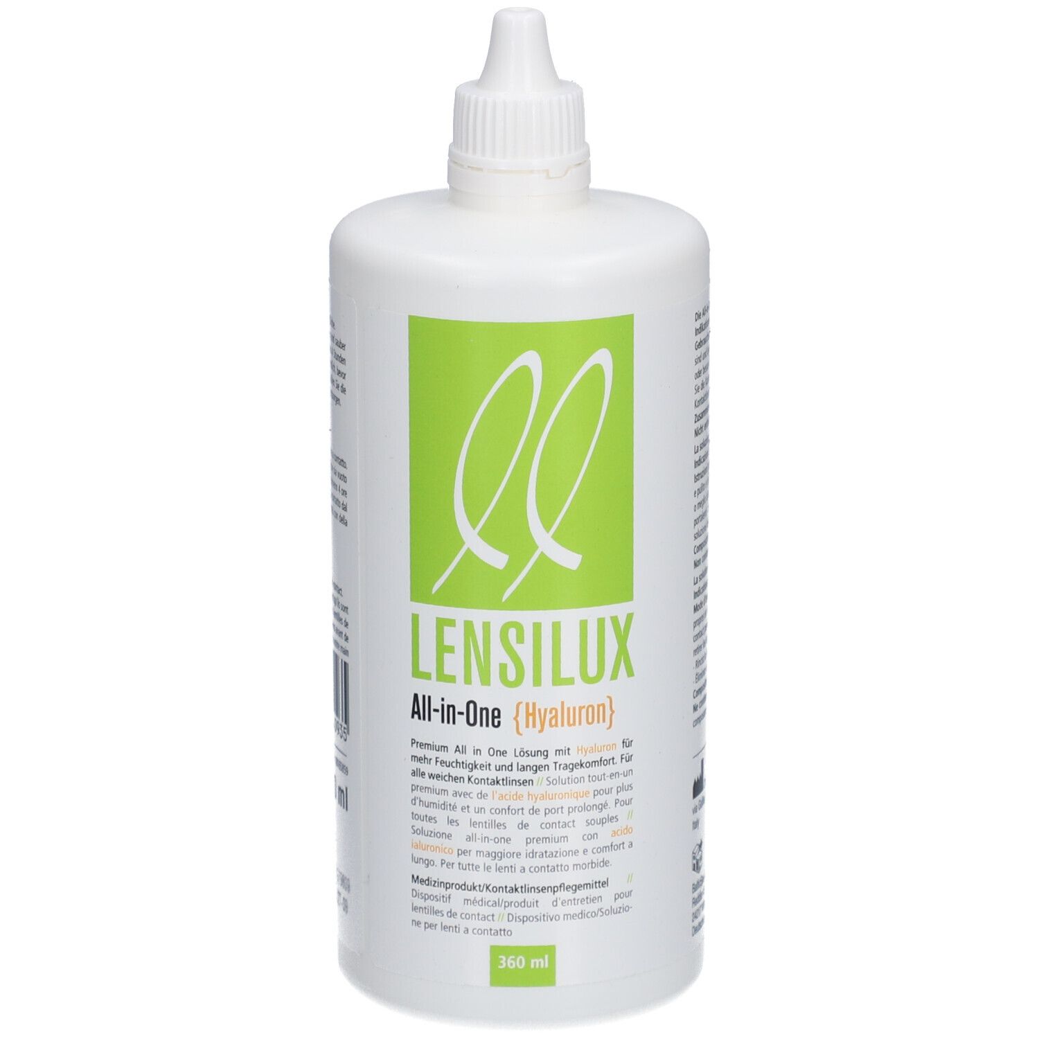 Flacon blanc avec étiquette verte. Inscription : LENSILUX All-in-One (Hyaluron). 360 ml.