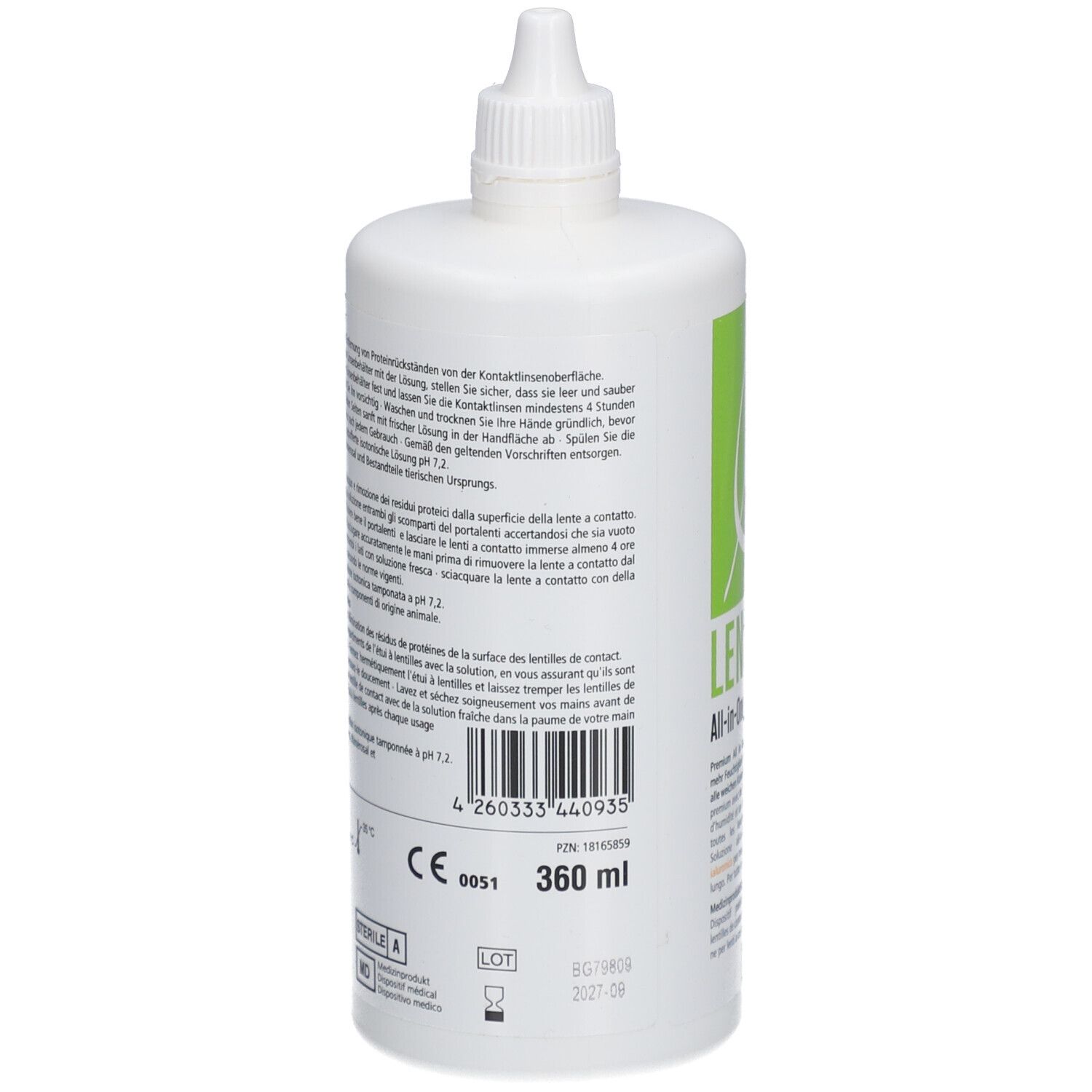 Dos du flacon blanc. Texte multilingue. 360 ml. Marquage CE.