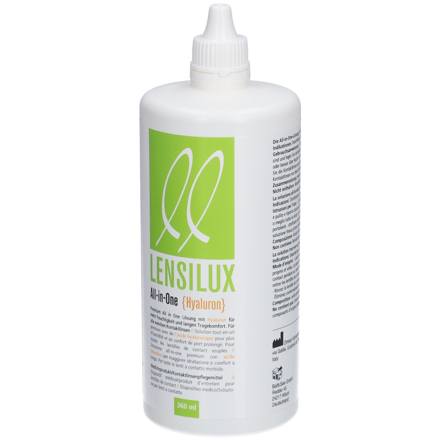 Flacon blanc avec étiquette verte. Inscription : LENSILUX All-in-One (Hyaluron). 360 ml.