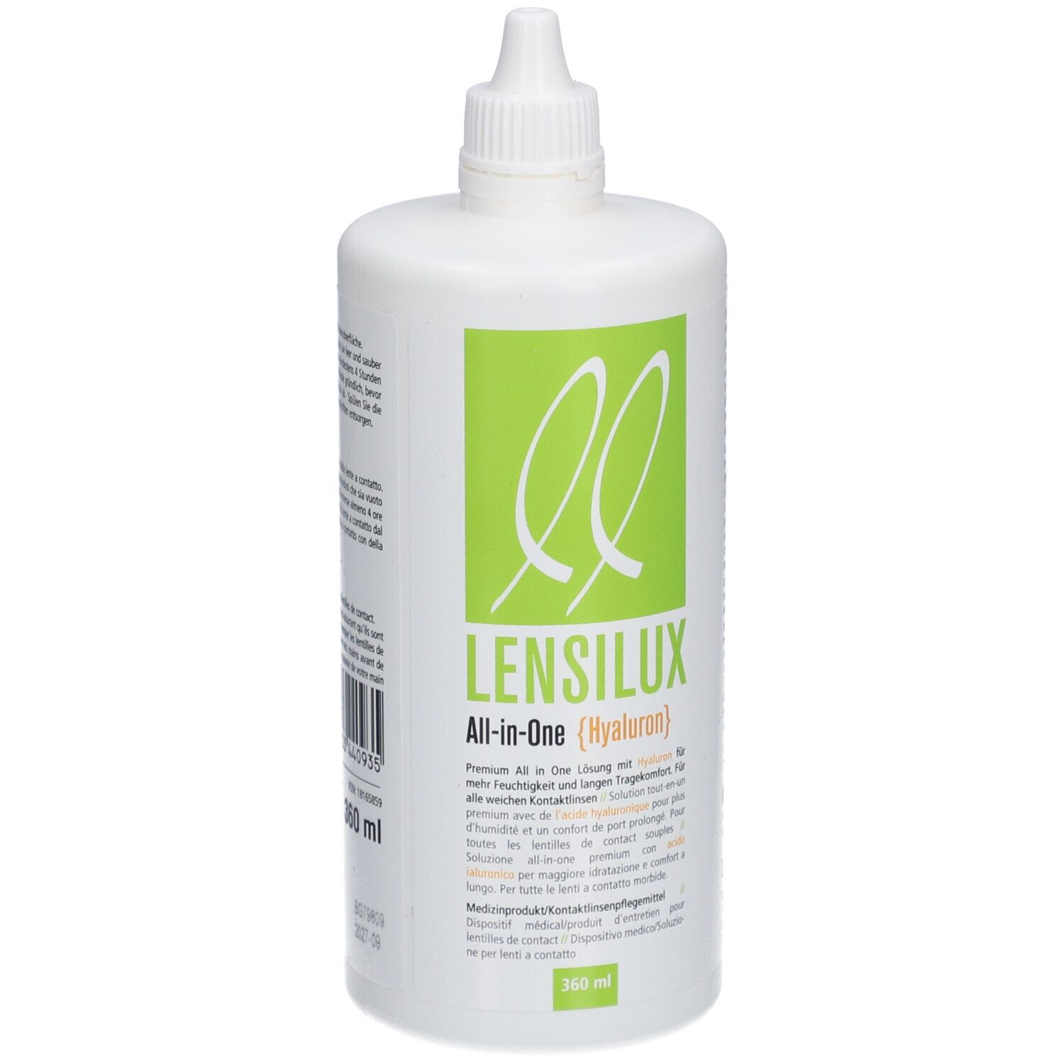 Flacon blanc avec étiquette verte. Inscription : LENSILUX All-in-One (Hyaluron). 360 ml.