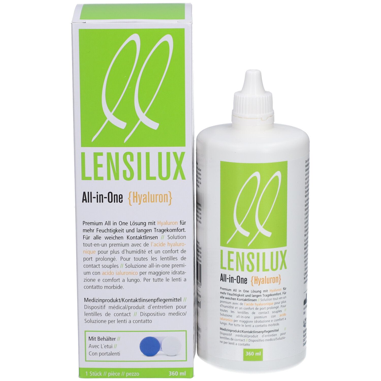 Emballage et flacon. Inscription : LENSILUX All-in-One (Hyaluron). 360 ml. Avec conteneur.