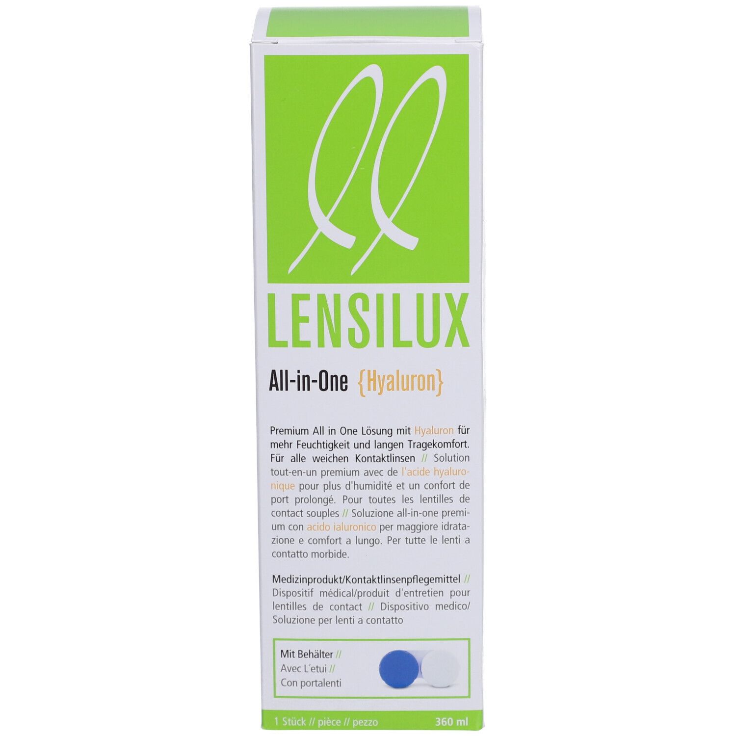 Emballage du produit. Inscription : LENSILUX All-in-One (Hyaluron). Avec conteneur.