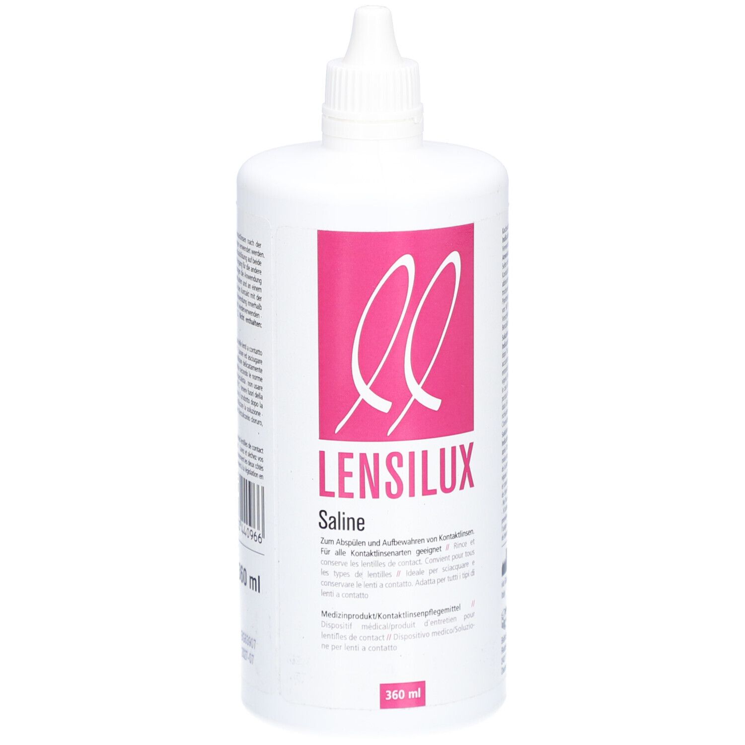 Flacon blanc avec étiquette rose. Inscription : LENSILUX Saline. 360 ml. Avec bouchon à vis.