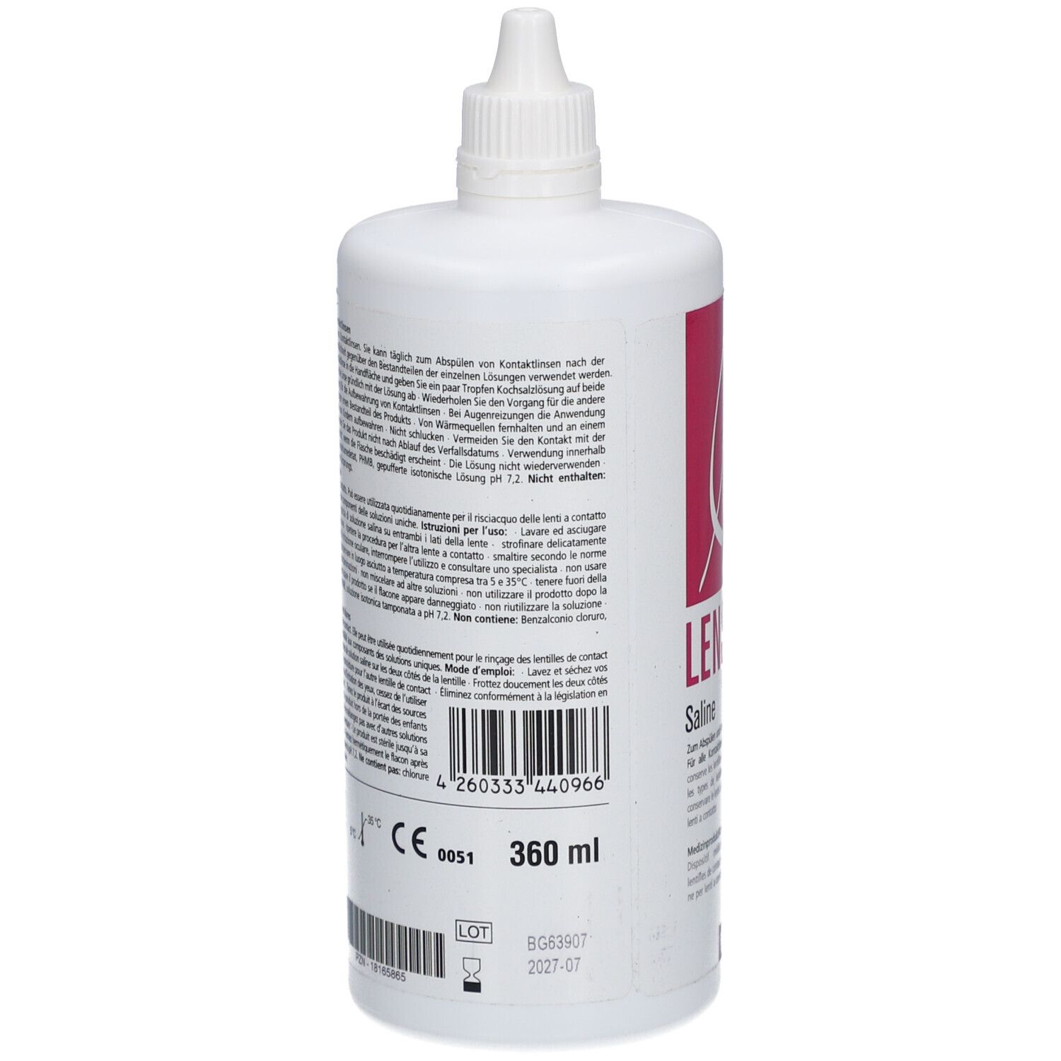 Flacon blanc avec texte. Inscription : LENSILUX Saline. 360 ml. Avec bouchon à vis. Code-barres et marquage CE.
