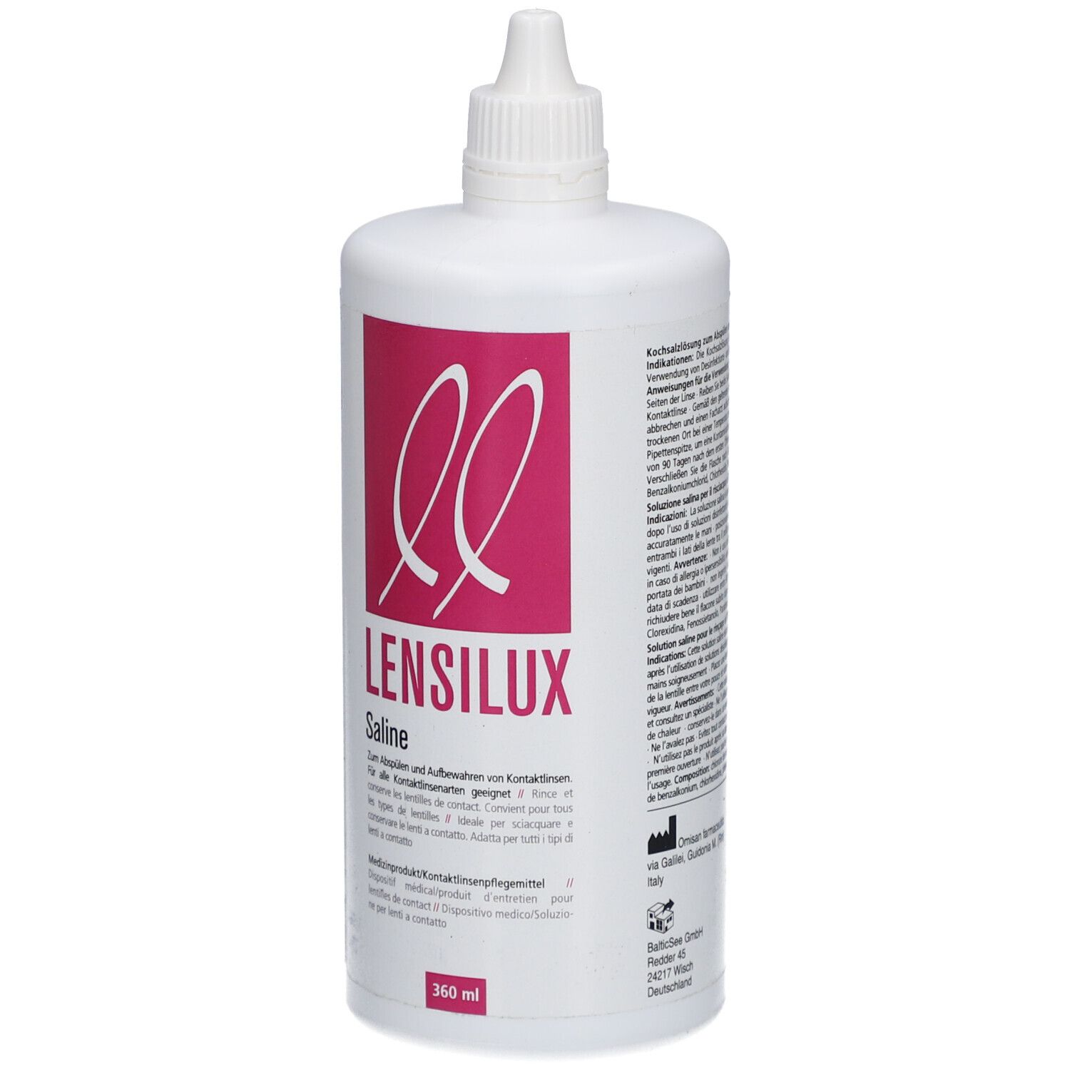 Flacon blanc avec étiquette rose. Inscription : LENSILUX Saline. 360 ml. Avec bouchon à vis.