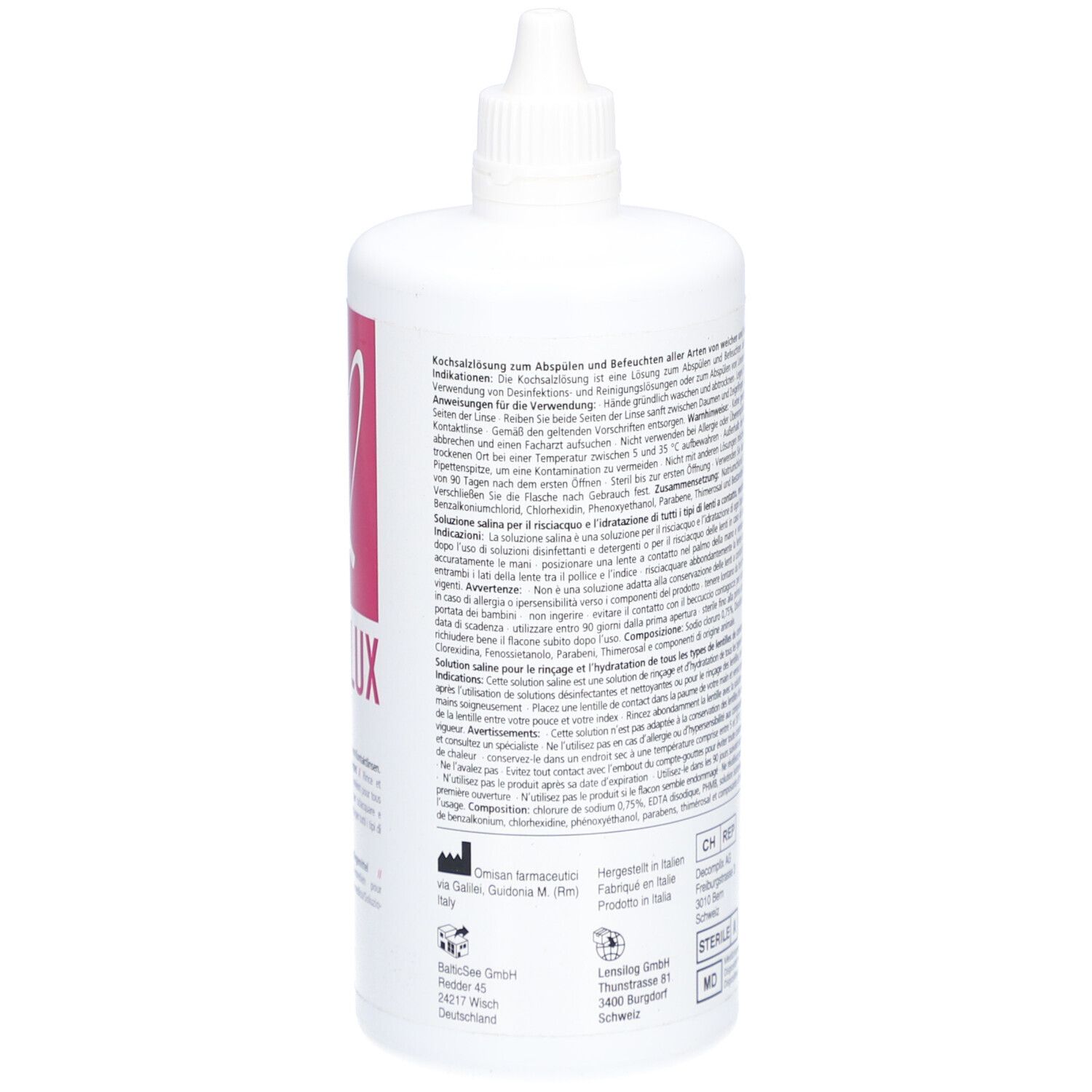 Flacon blanc avec texte. Inscription : LENSILUX Saline. 360 ml. Avec bouchon à vis. Logo du fabricant.