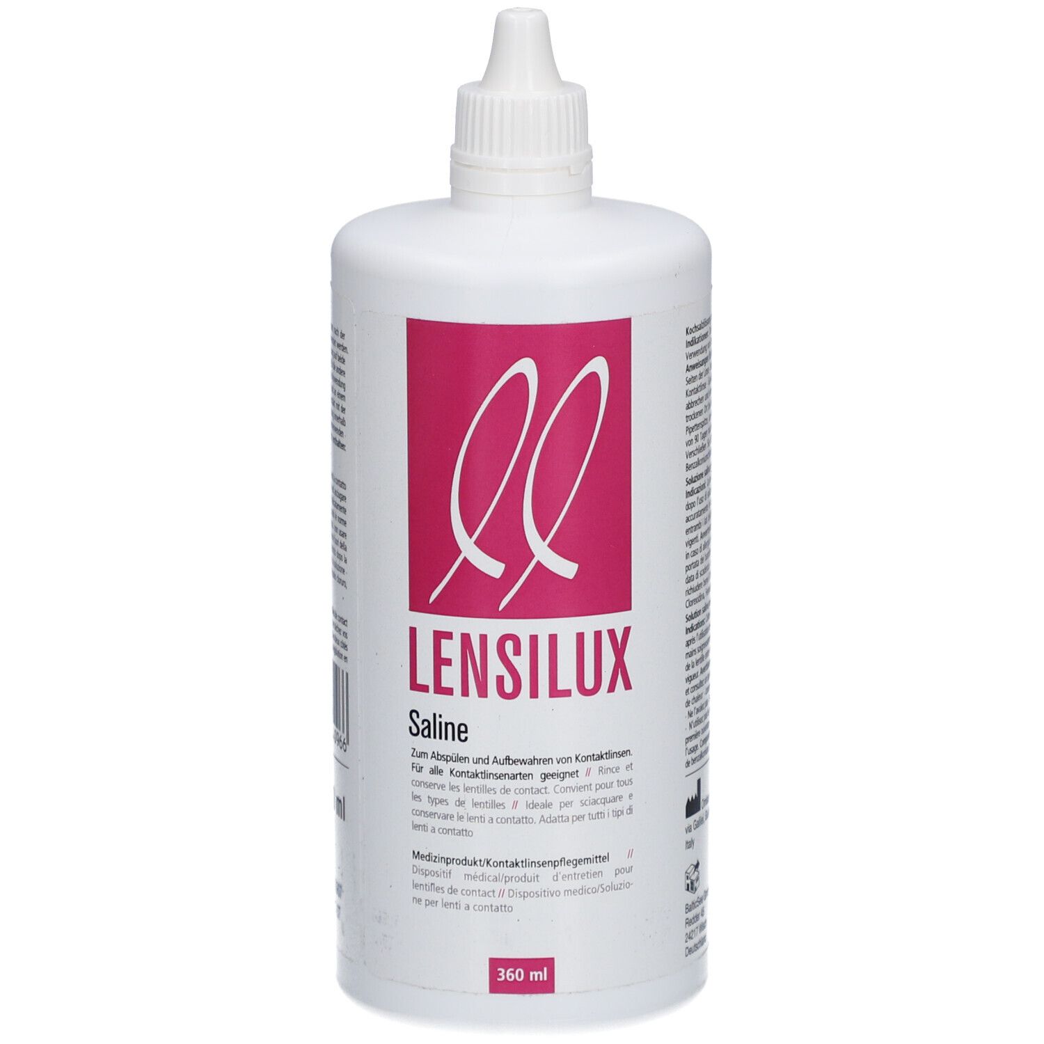 Flacon blanc avec étiquette rose. Inscription : LENSILUX Saline. 360 ml. Avec bouchon à vis.