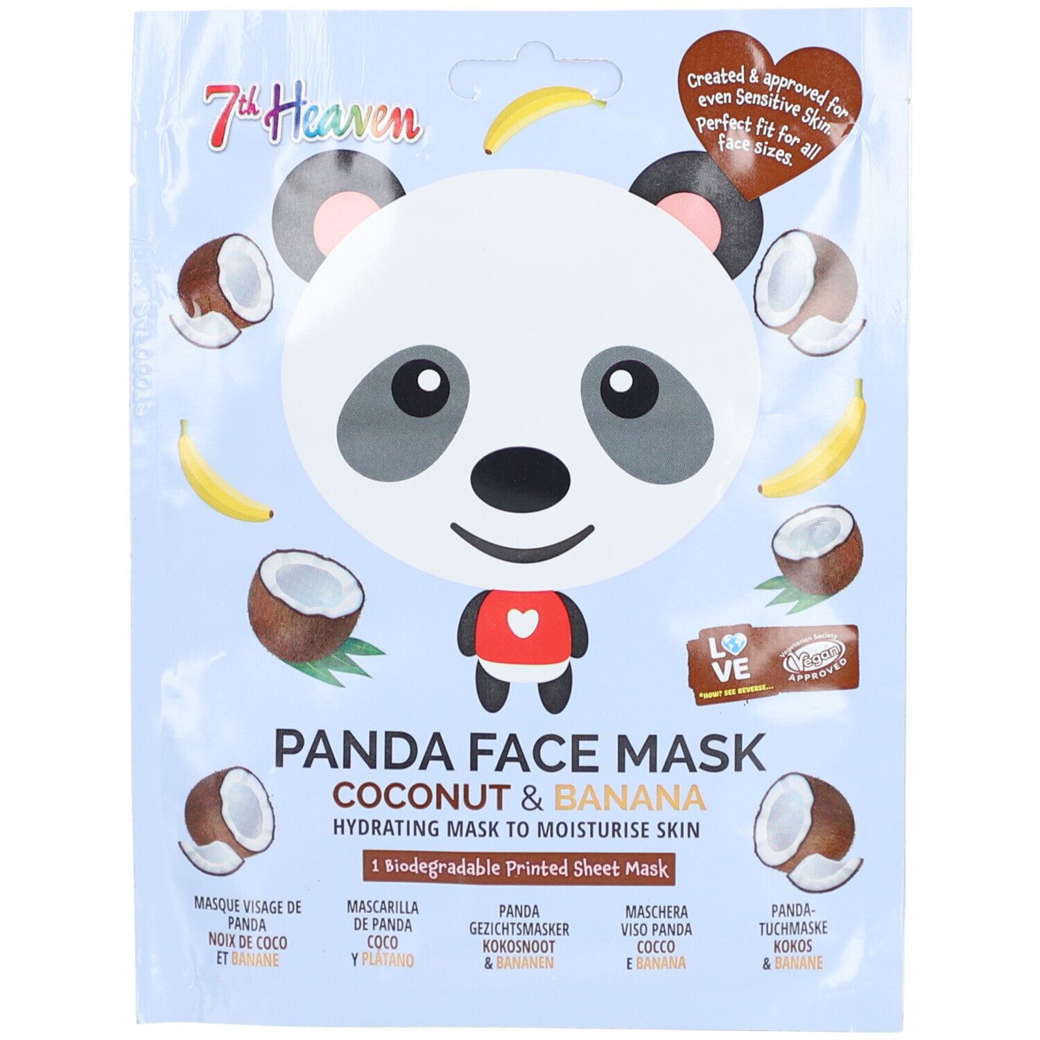 Masque visage panda, noix de coco et banane. Emballage avec logo et informations produit.