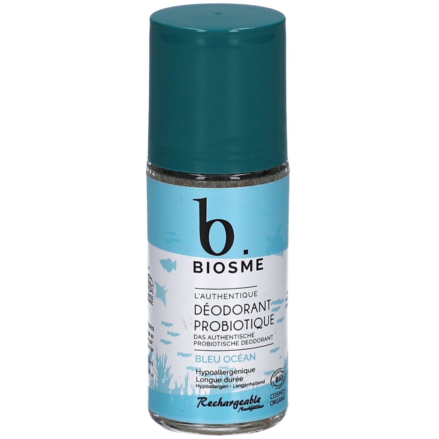 Déodorant probiotique BIOSME Bleu Océan Roll-on avec bouchon turquoise. Labels Bio et Cosmos Organic visibles.