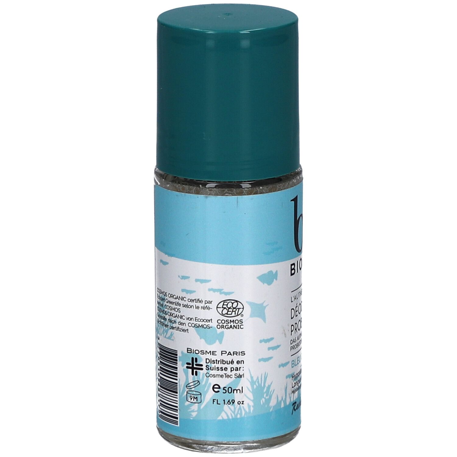 Arrière du déodorant probiotique BIOSME Bleu Océan Roll-on. Contient 50ml. Labels Bio et Cosmos Organic.