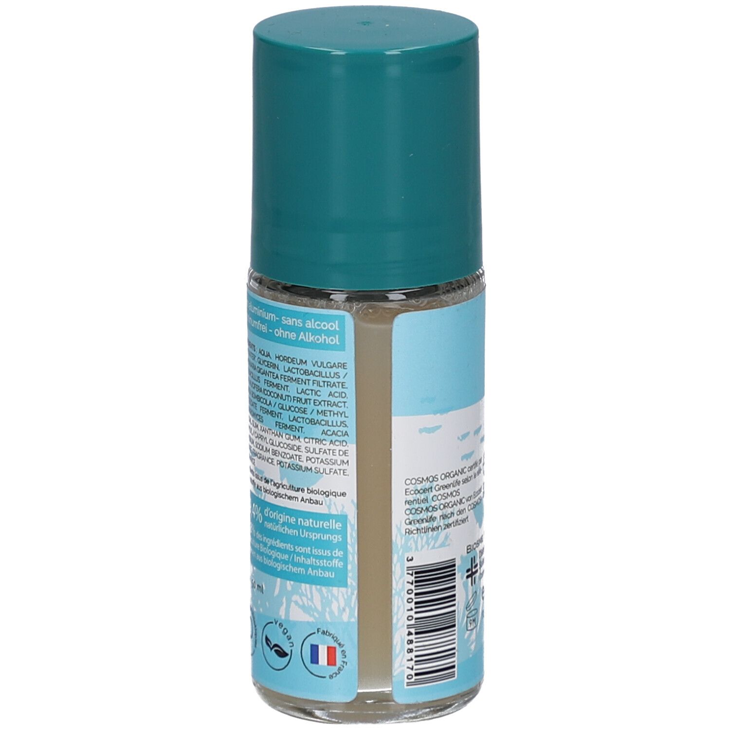 Vue latérale du déodorant probiotique BIOSME Bleu Océan Roll-on. Contient liste d'ingrédients et label Bio.