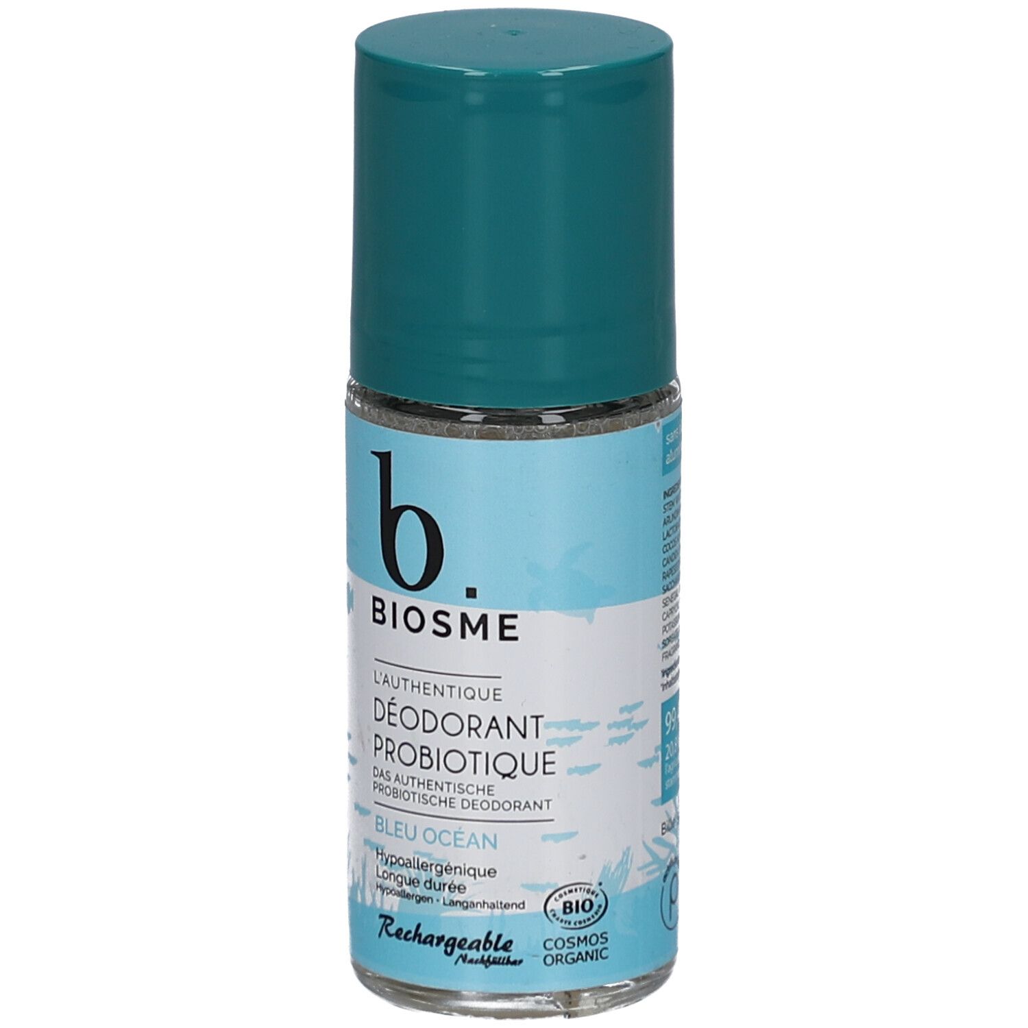 Déodorant probiotique BIOSME Bleu Océan Roll-on, rechargeable. Bouchon turquoise et label Bio.