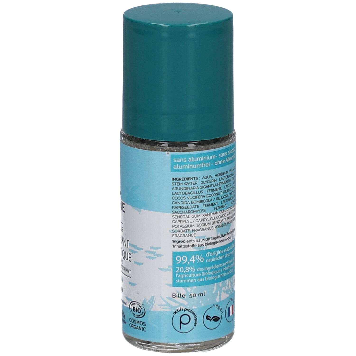Déodorant probiotique BIOSME Bleu Océan Roll-on avec bouchon turquoise. Labels Bio et Cosmos Organic visibles.