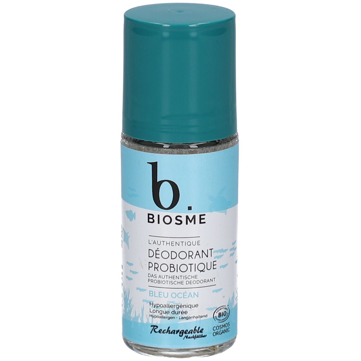 Déodorant probiotique BIOSME Bleu Océan Roll-on, rechargeable. Bouchon turquoise et label Bio.