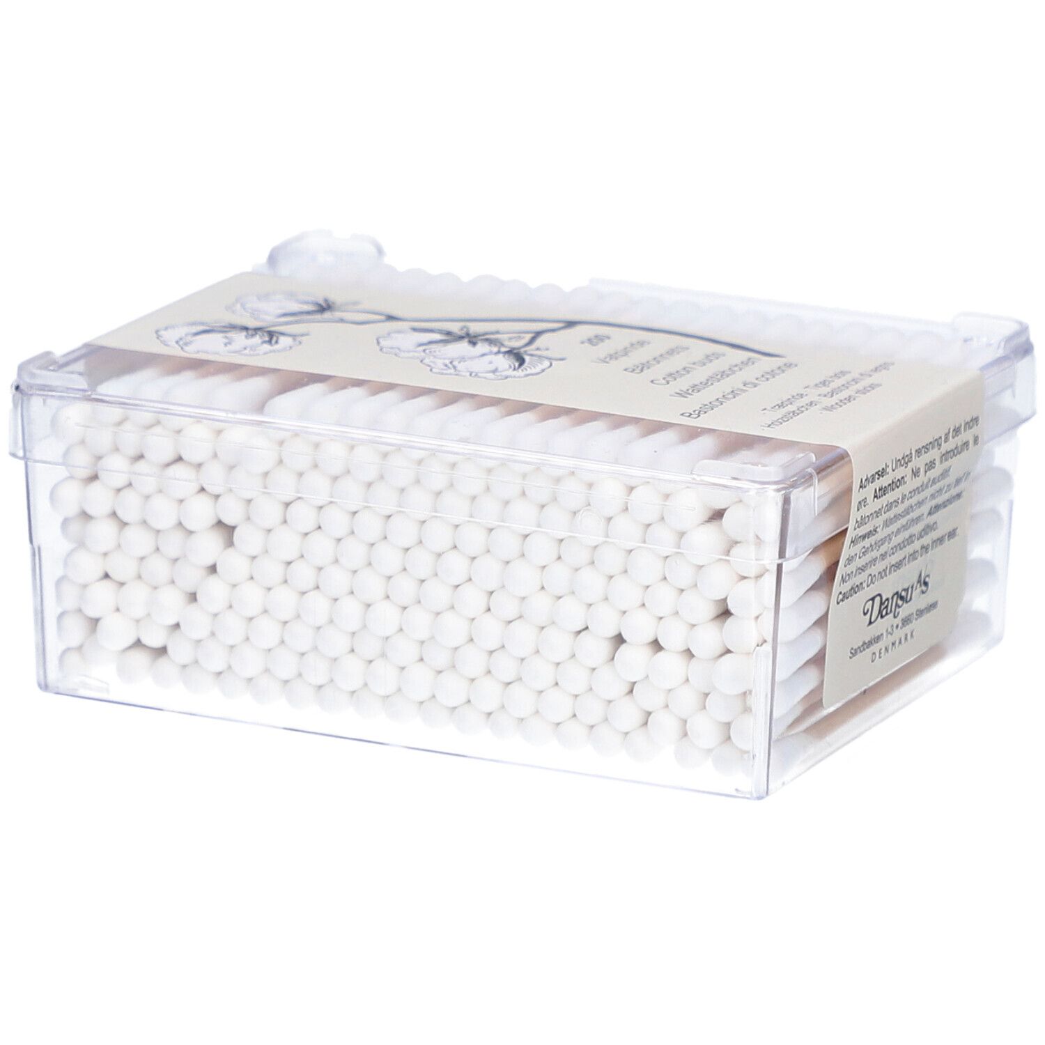 Boîte transparente remplie de nombreux cotons-tiges en bois. Les têtes en coton blanc sont visibles.