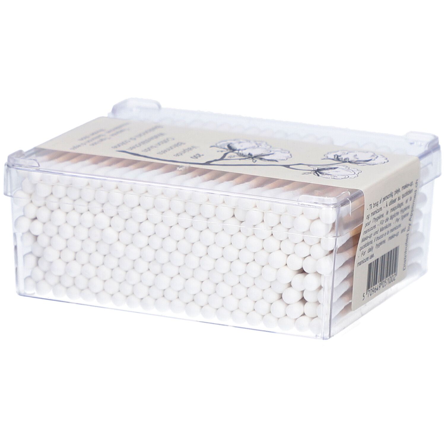 Boîte transparente avec de nombreux cotons-tiges en bois. Les têtes sont blanches et les tiges en bois.