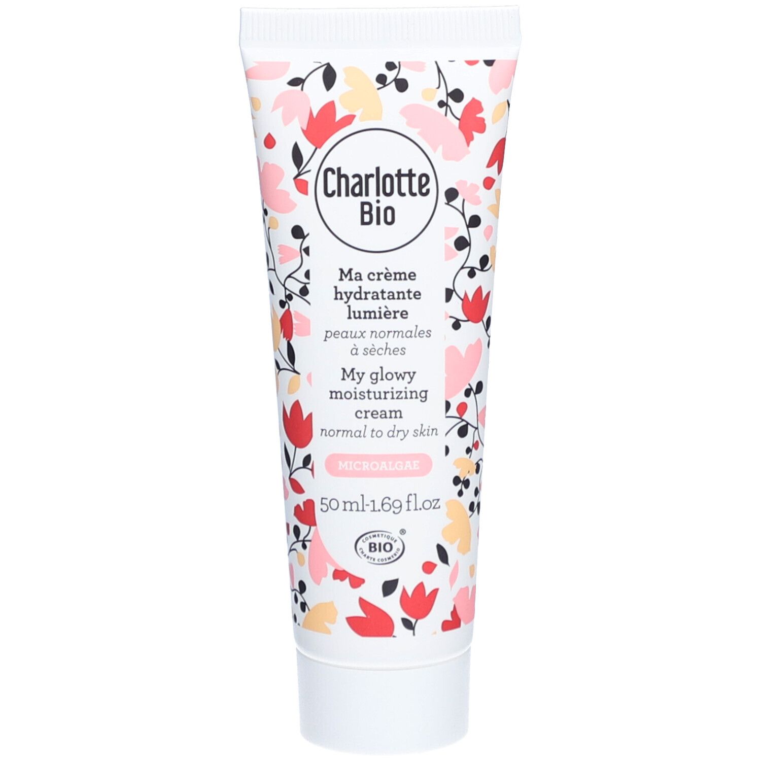 Tube de crème Charlotte Bio avec motif floral. Texte en français et anglais. Contient le logo Bio.