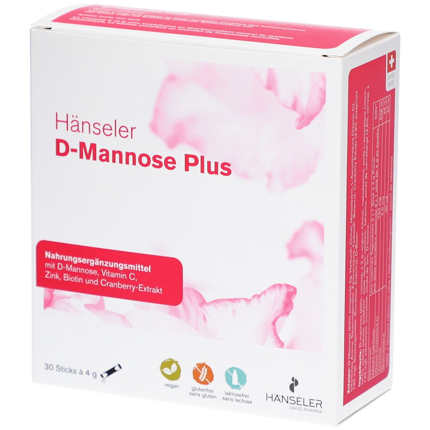 Boîte blanche Hänseler D-Mannose Plus. Bande rouge avec informations produit. 30 sticks de 4 g. Label vegan.