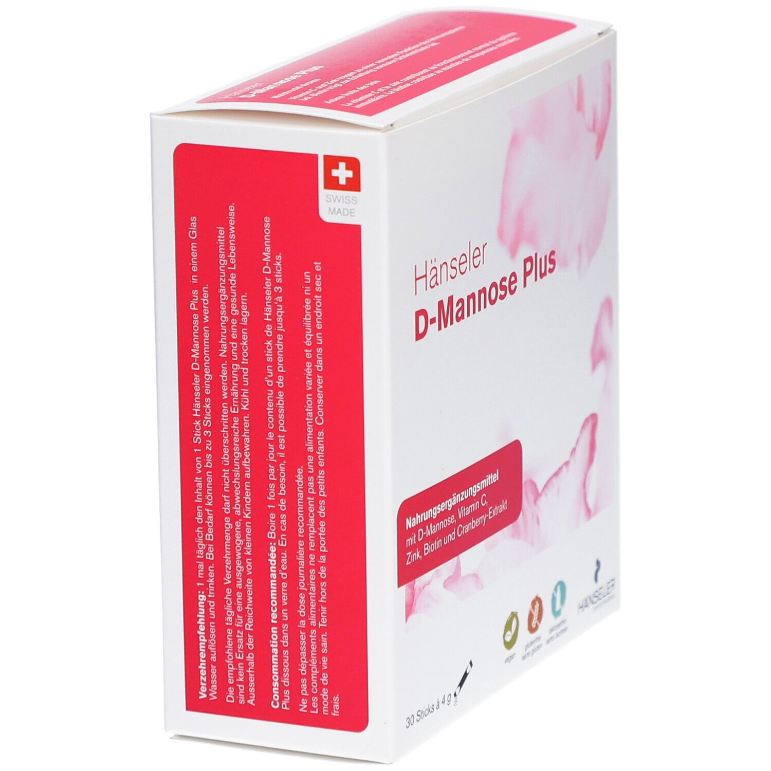 Boîte Hänseler D-Mannose Plus, vue latérale. Bande rouge avec informations produit. Croix suisse. 30 sticks de 4 g.