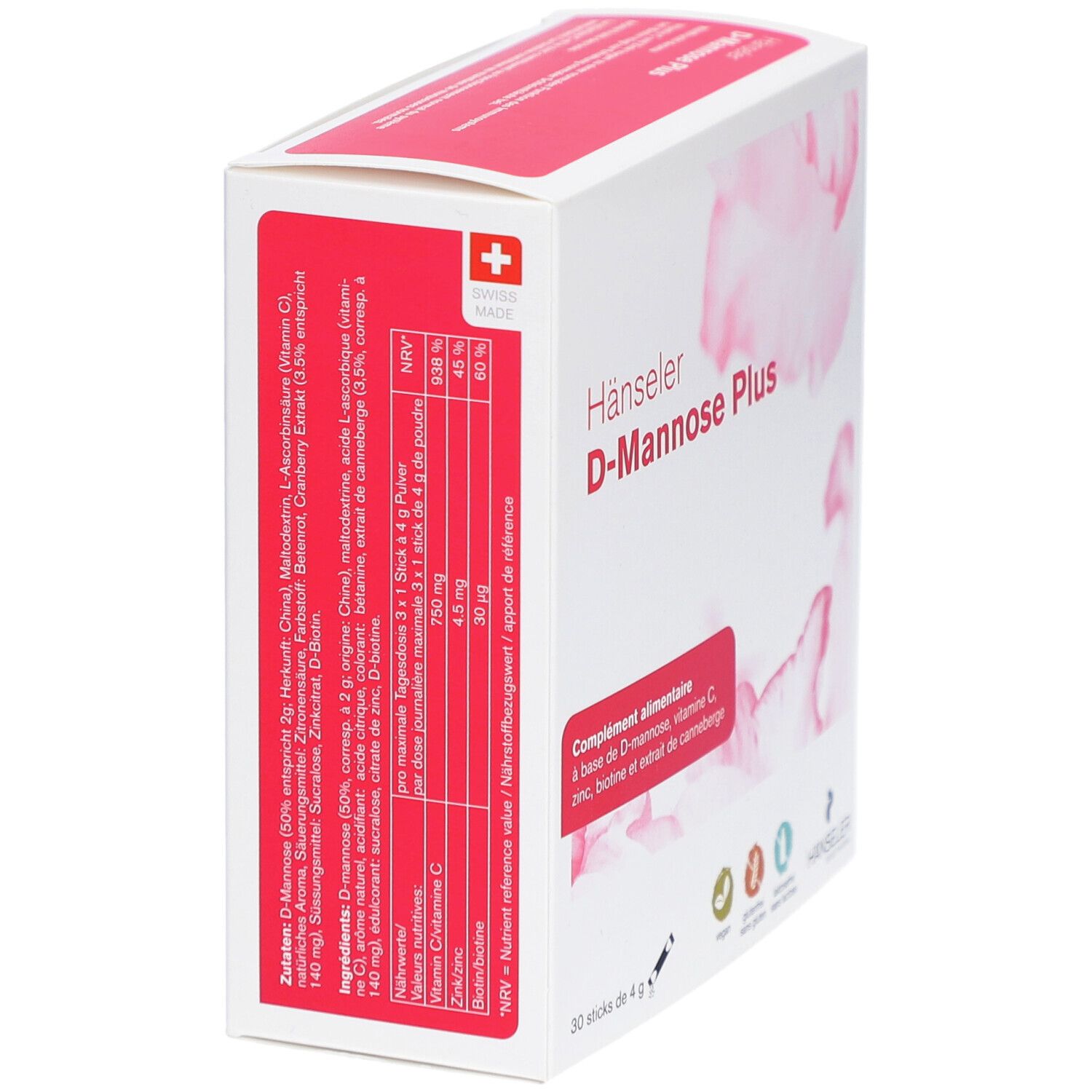 Boîte Hänseler D-Mannose Plus, vue latérale. Bandes rouges avec ingrédients et valeurs nutritionnelles. Croix suisse.