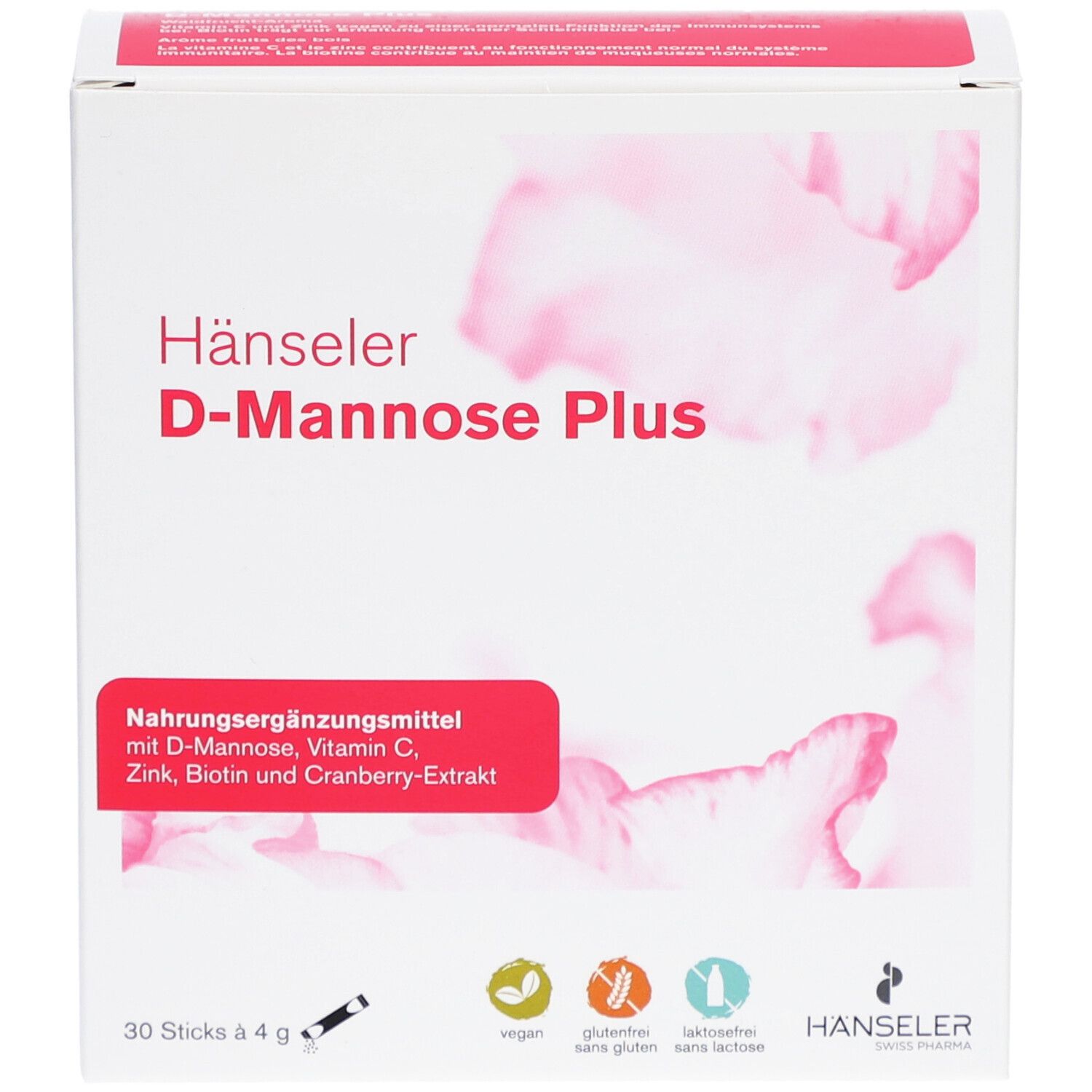 Boîte blanche Hänseler D-Mannose Plus. Bande rouge avec informations produit. 30 sticks de 4 g. Vegan, sans gluten, sans lactose.