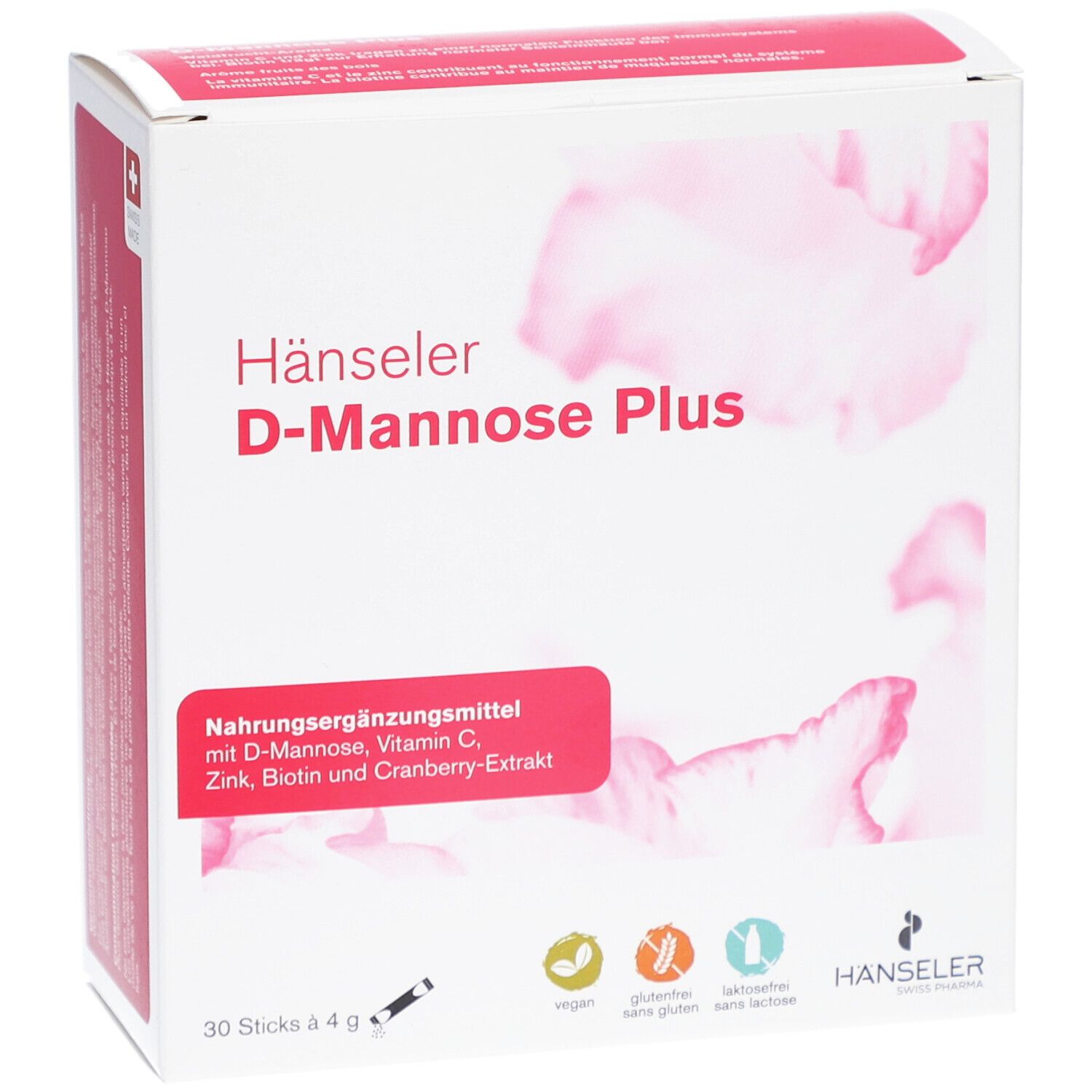 Boîte blanche Hänseler D-Mannose Plus. Bande rouge avec informations produit. 30 sticks de 4 g. Vegan, sans gluten, sans lactose.