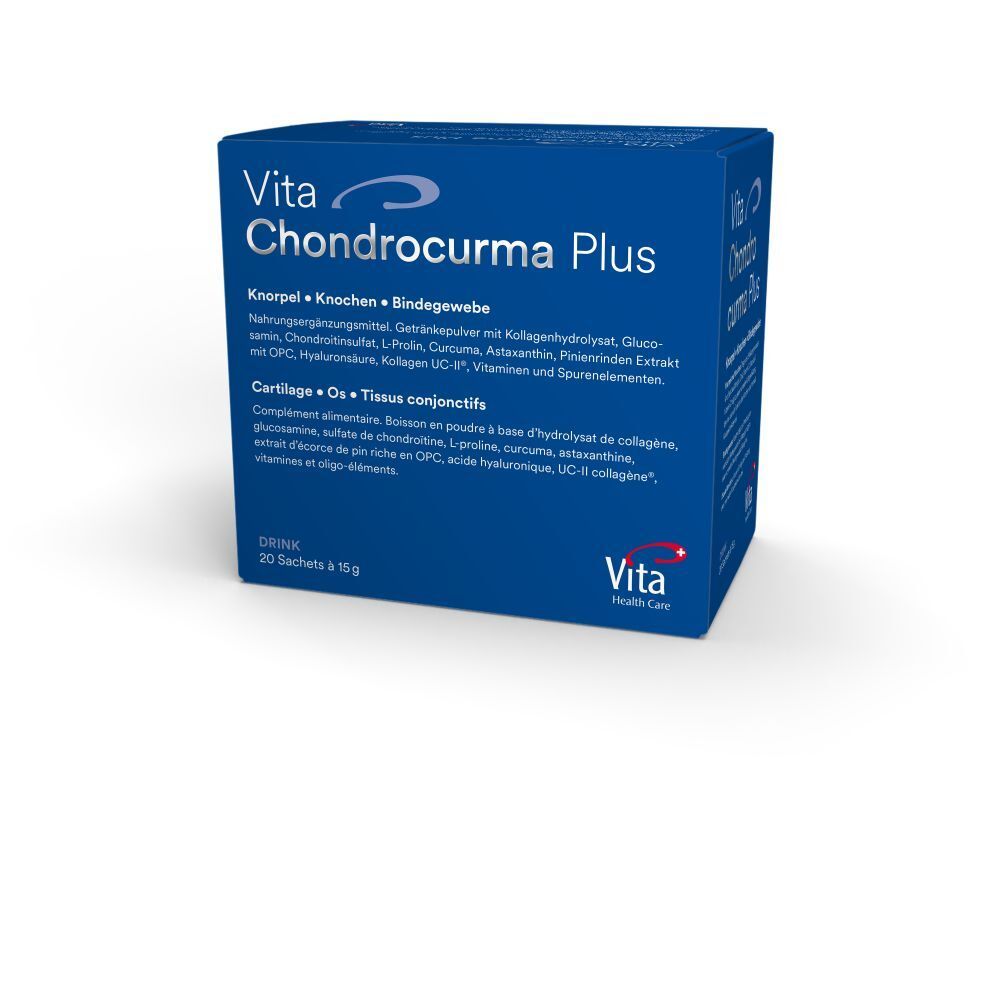 Boîte VITA CHONDROCURMA PLUS de 20 sachets de 15g. Complément alimentaire pour cartilage, os et tissus conjonctifs.
