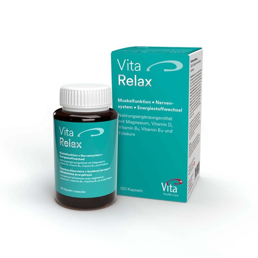 Produit VITA Relax avec emballage. Bouteille marron avec couvercle blanc et texte turquoise. 120 gélules.