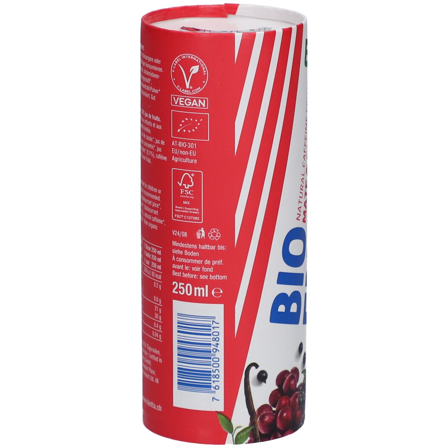 Boîte cylindrique à rayures rouges et blanches. Inscription : BIO ENERGY, Biotta. Labels Vegan, Bio. 250 ml.