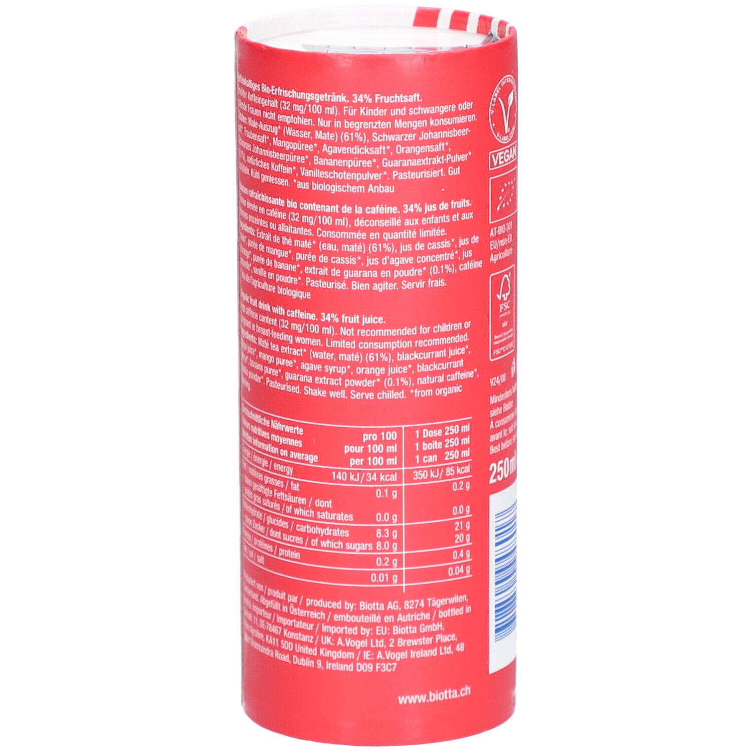 Boîte cylindrique à rayures rouges et blanches. Inscription : BIO ENERGY, Biotta. Texte avec ingrédients et valeurs nutritionnelles. 250 ml.