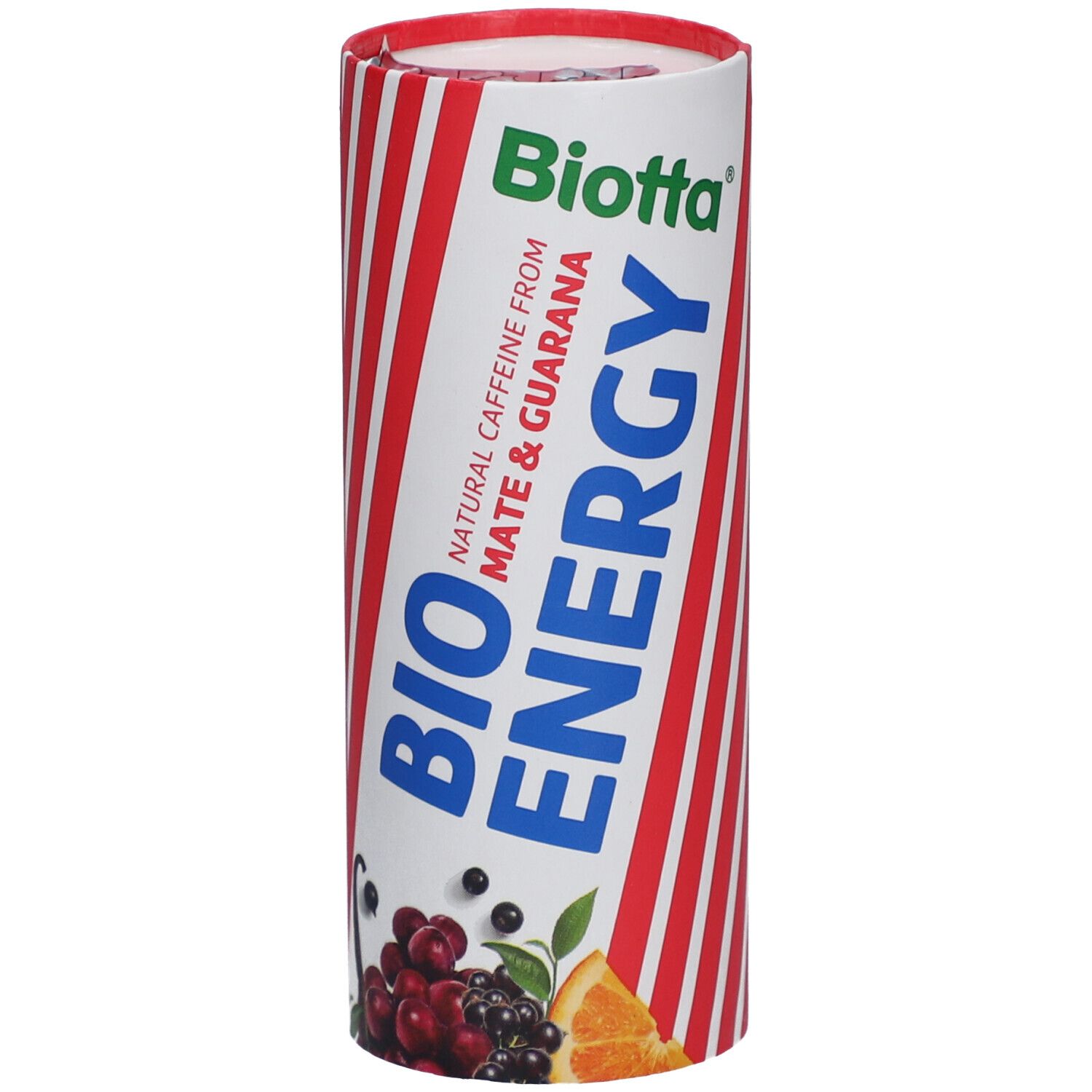 Boîte cylindrique à rayures rouges et blanches. Inscription : BIO ENERGY, Biotta, Maté & Guarana. Illustration de fruits.