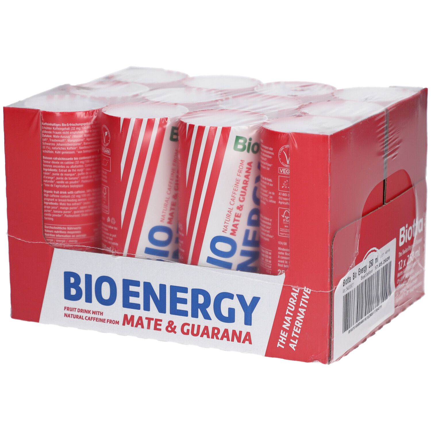 BIOTTA Bio Energy, 12 canettes dans un emballage rouge. Inscription : BIO ENERGY, Maté & Guarana. Caféine naturelle.
