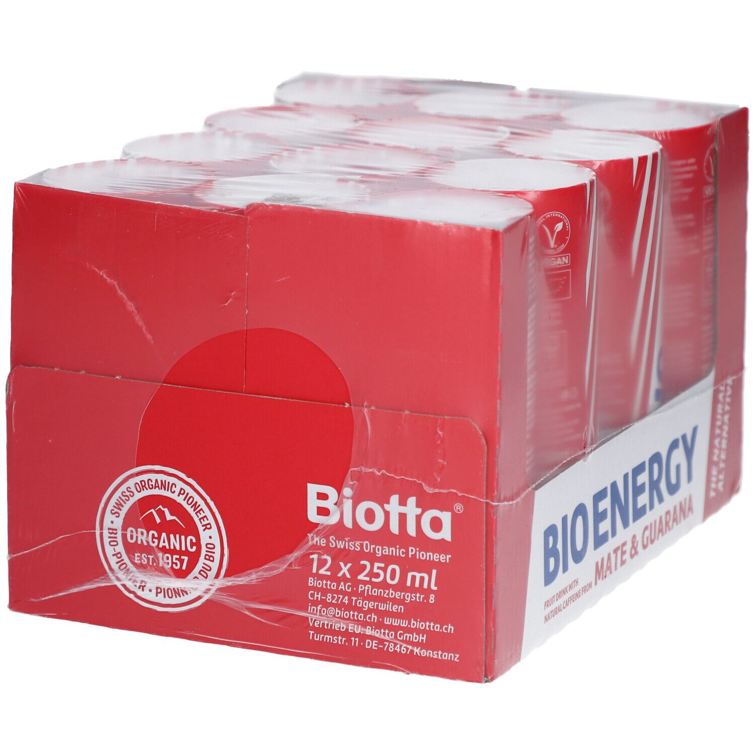 BIOTTA Bio Energy, 12 canettes dans un emballage rouge. Inscription : BIO ENERGY, Maté & Guarana. Label Vegan.