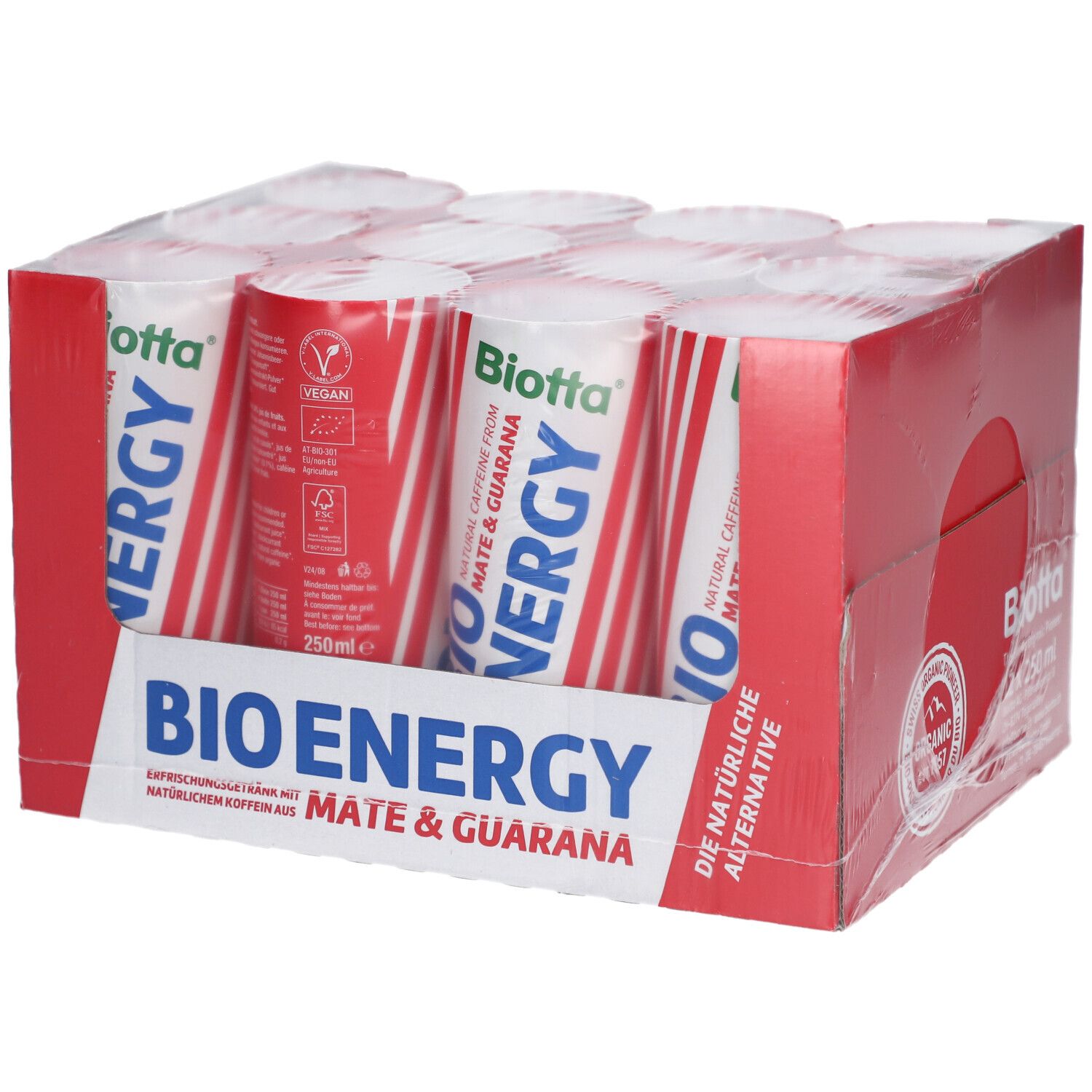 BIOTTA Bio Energy, 12 canettes dans un emballage rouge. Inscription : BIO ENERGY, Maté & Guarana. Label Vegan et 250ml.