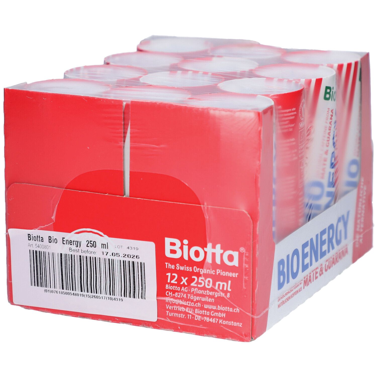 BIOTTA Bio Energy, 12 canettes dans un emballage rouge. Inscription : BIO ENERGY, Maté & Guarana. DDM 17.05.2026.