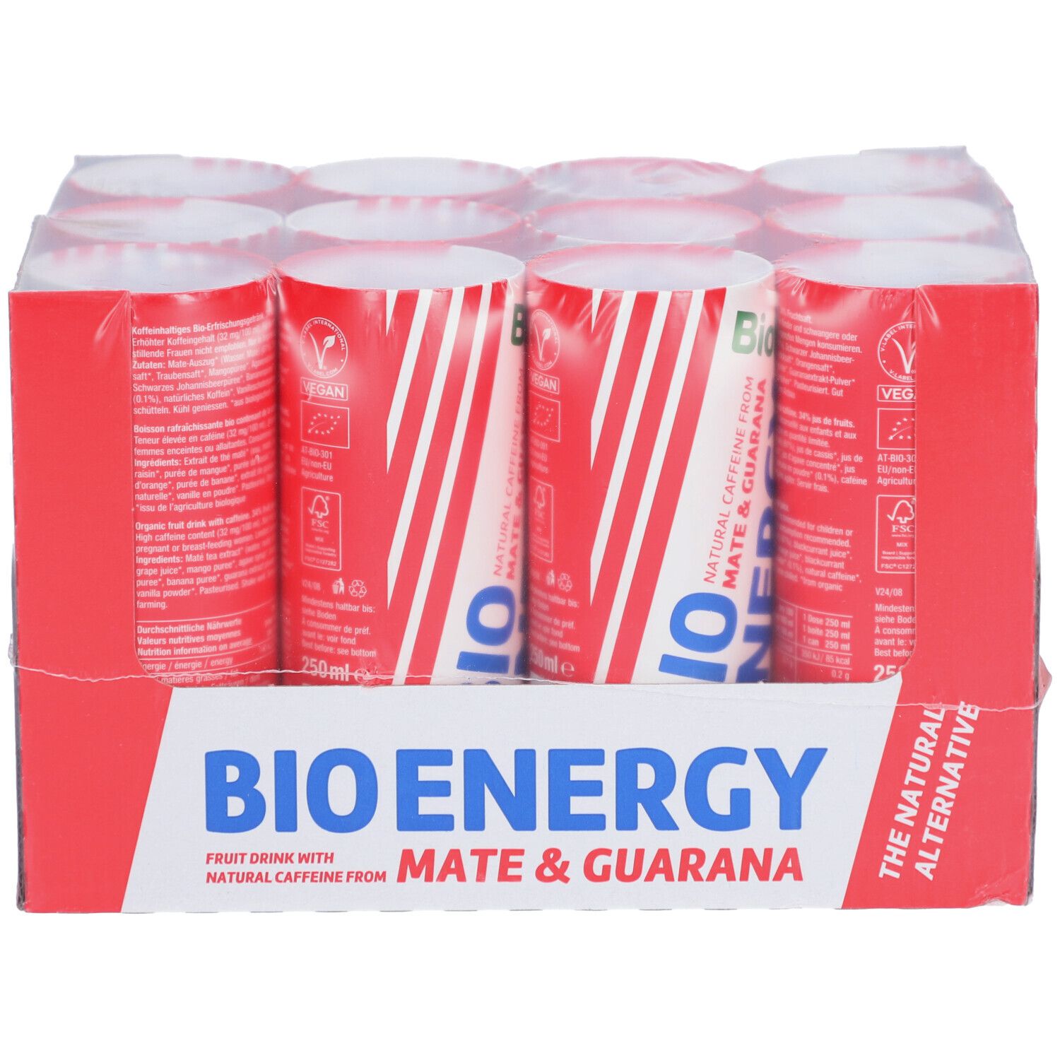 BIOTTA Bio Energy, 12 canettes dans un emballage rouge. Inscription : BIO ENERGY, Maté & Guarana. Label Vegan et 250ml.
