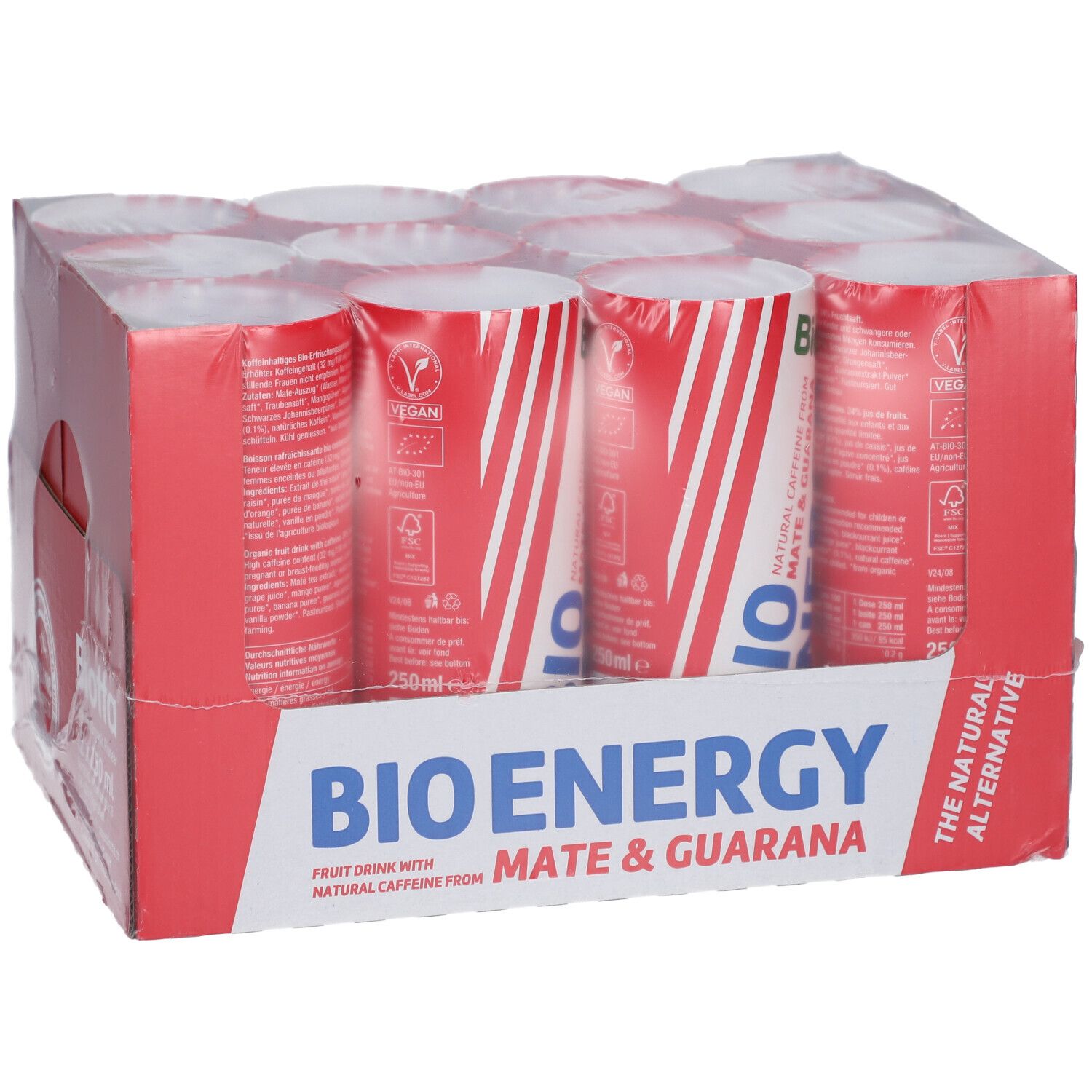 BIOTTA Bio Energy, 12 canettes dans un emballage rouge. Inscription : BIO ENERGY, Maté & Guarana. Label Vegan et 250ml.