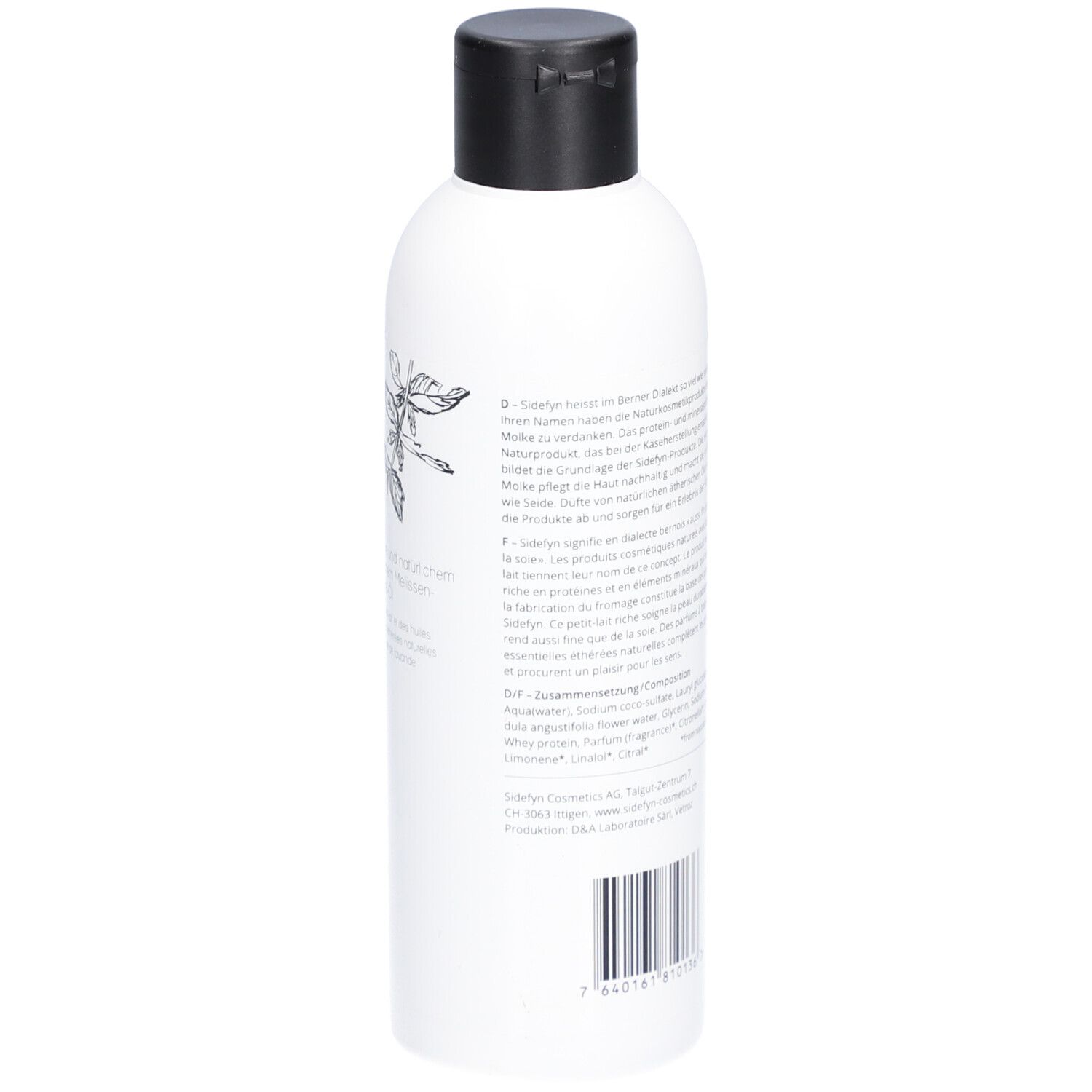 Dos d'un flacon blanc avec bouchon noir. Texte en plusieurs langues. Code-barres et illustrations.