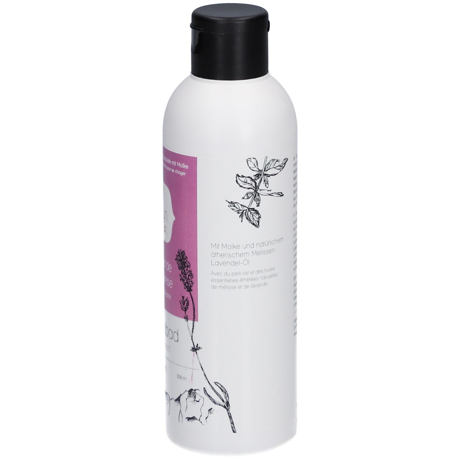 Flacon blanc avec bouchon noir. Étiquette rose avec nom du produit et logo. Illustrations de fleurs et de montagnes.