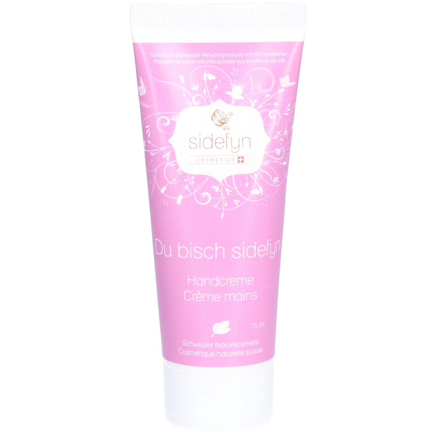 Tube rose "Sidefyn" avec logo et texte "Handcreme". Cosmétiques naturels suisses. Bouchon à vis blanc.