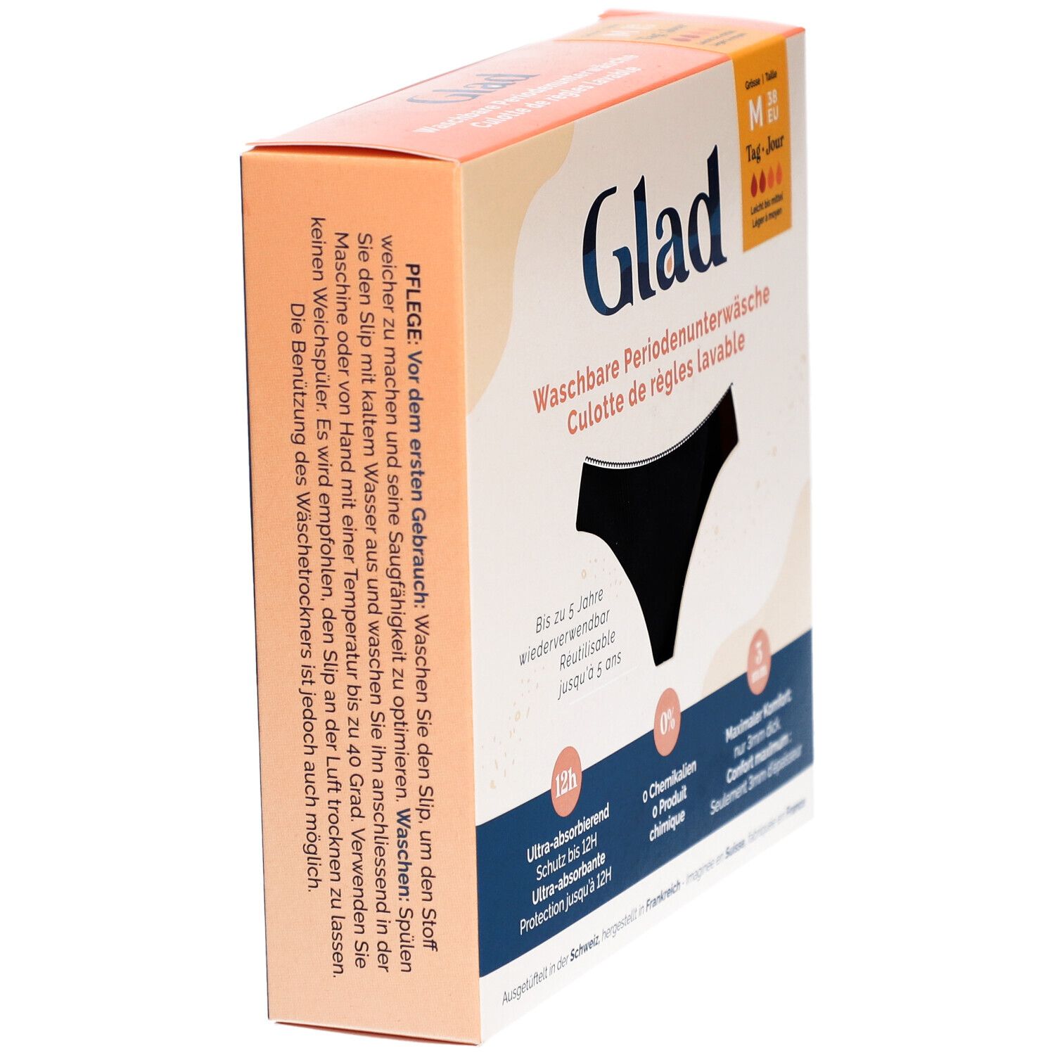 Boîte de GLAD® culotte de règles. Côté avec instructions d'entretien. Taille M, Jour. Lavable, réutilisable.