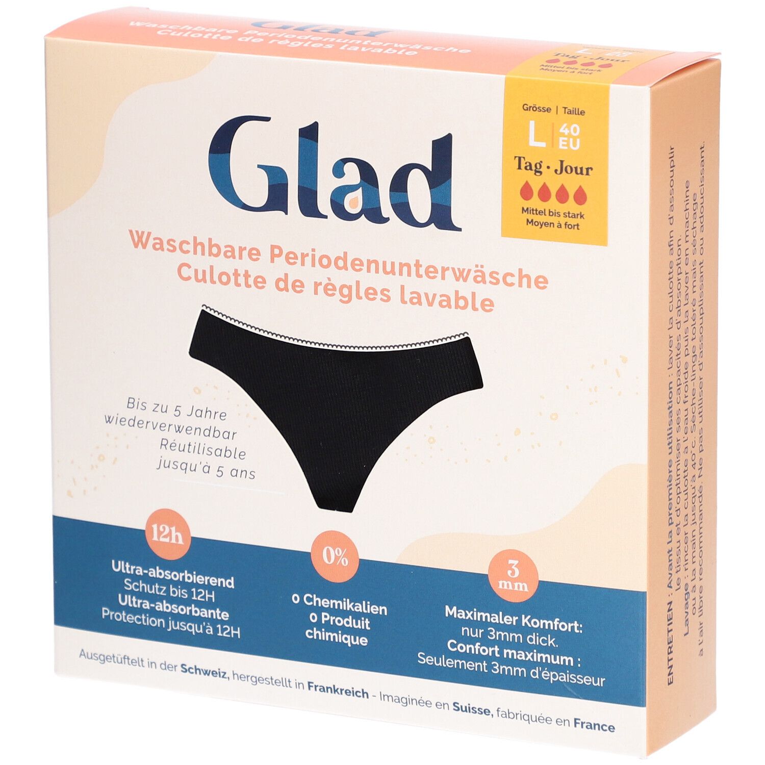 Culotte de règles lavable GLAD noire dans une boîte. Ultra-absorbante, protection 12h. Taille L, 40 EU. Confort 3mm. Sans produits chimiques.