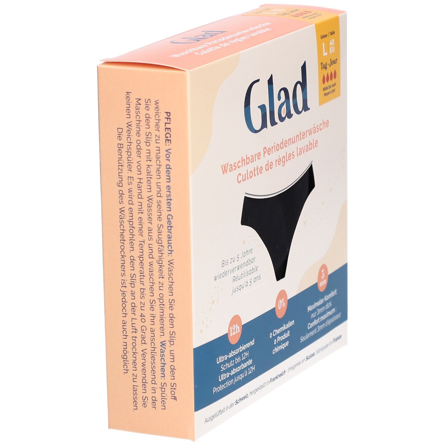 Boîte de culotte de règles GLAD. Lavable, ultra-absorbante, protection 12h. Taille L, 40 EU. Instructions d'entretien sur le côté.