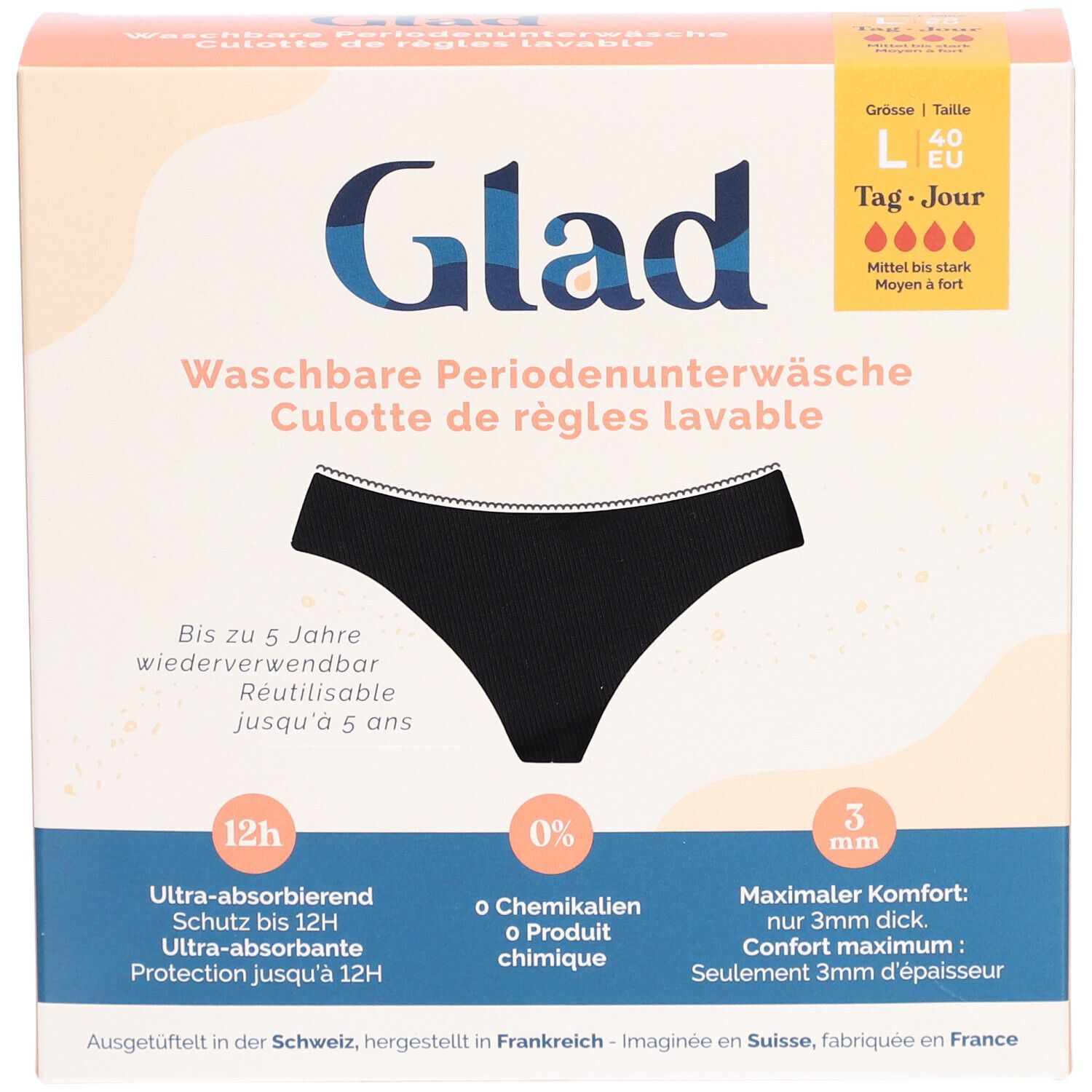 Culotte de règles lavable GLAD noire dans une boîte. Ultra-absorbante, protection 12h. Taille L, 40 EU. Confort 3mm. Sans produits chimiques.